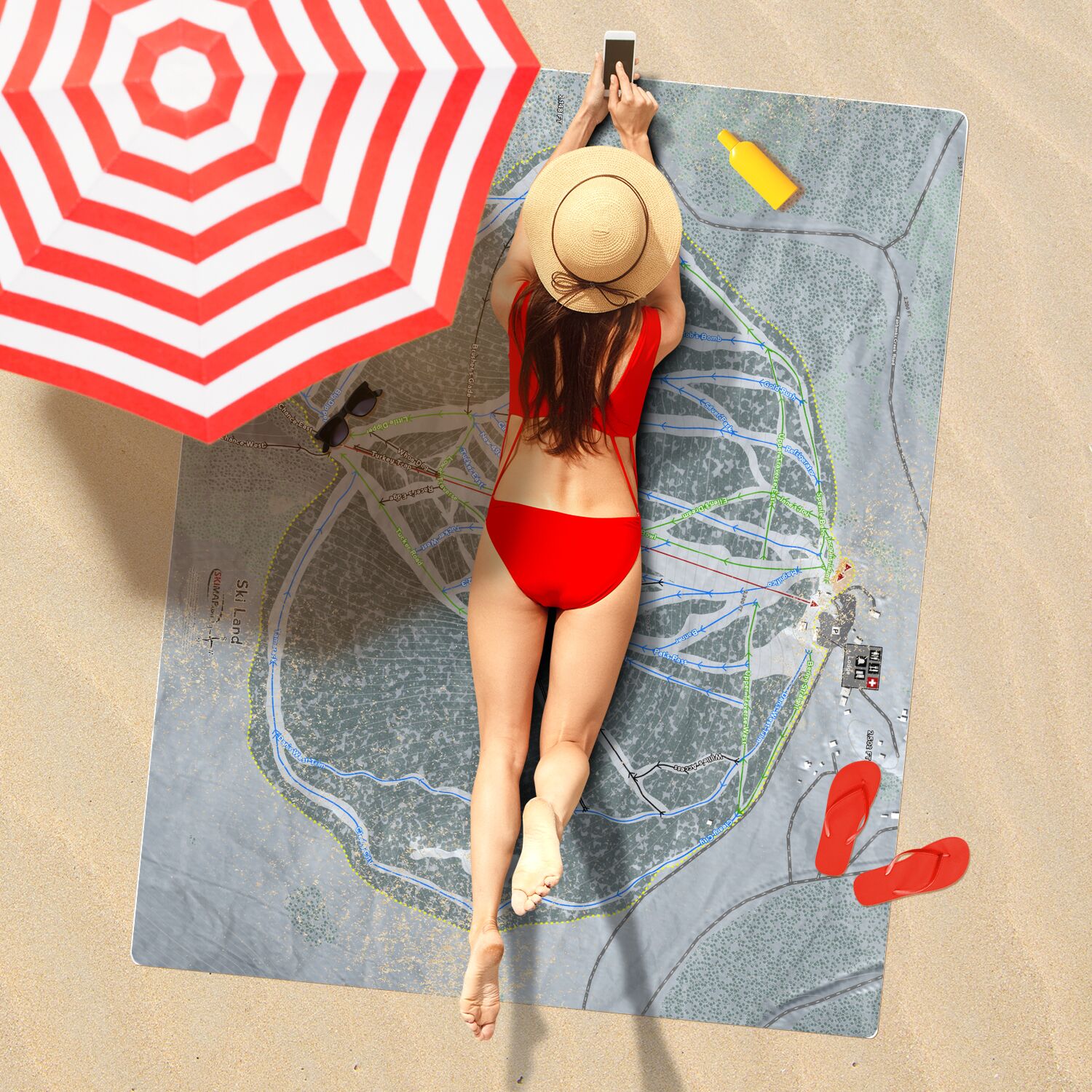 Ski Land, Alaska Ski Resort Map Printed Beach Towel - Powderaddicts