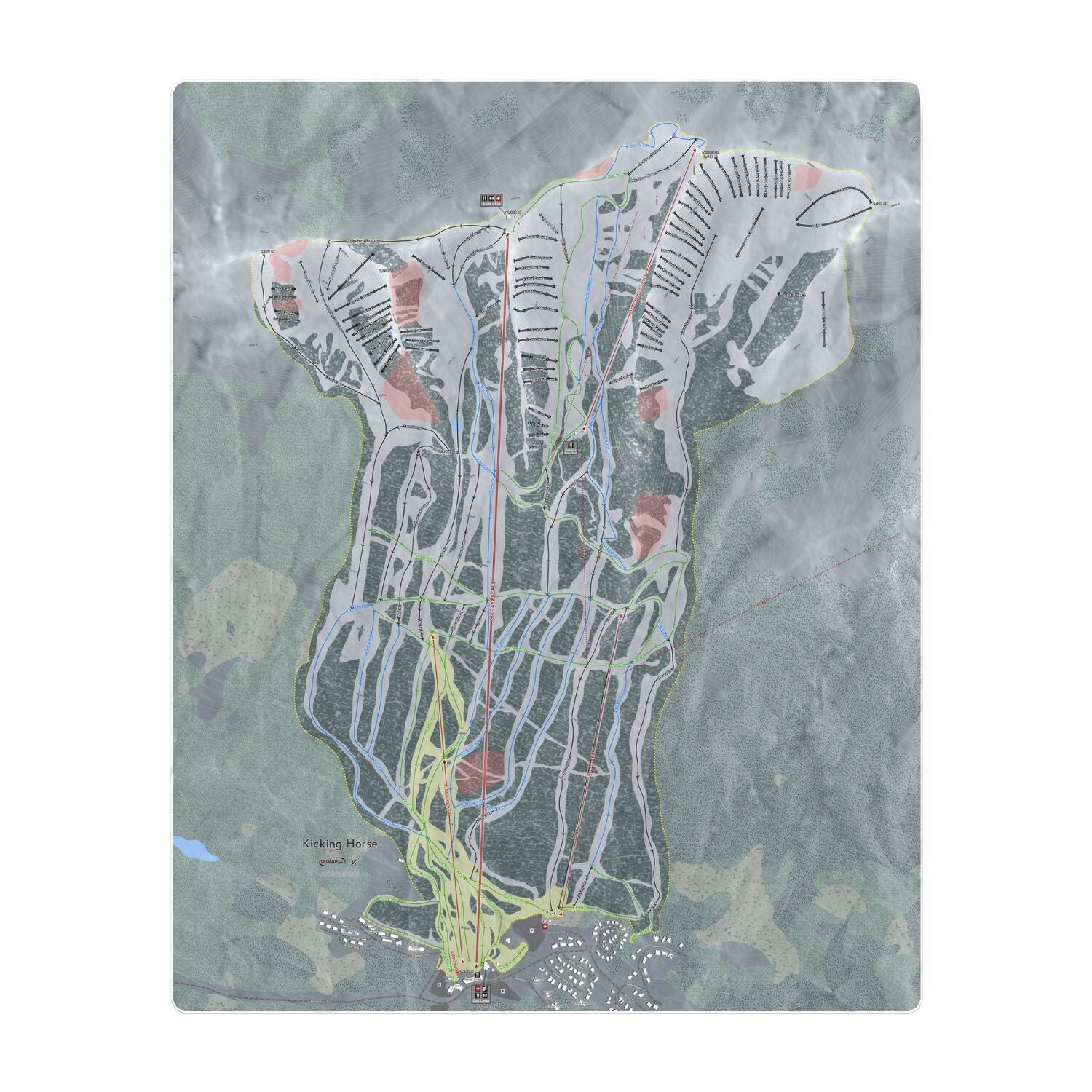 Kicking horse, British Columbia Ski Resort Map Printed Beach Towel - Powderaddicts