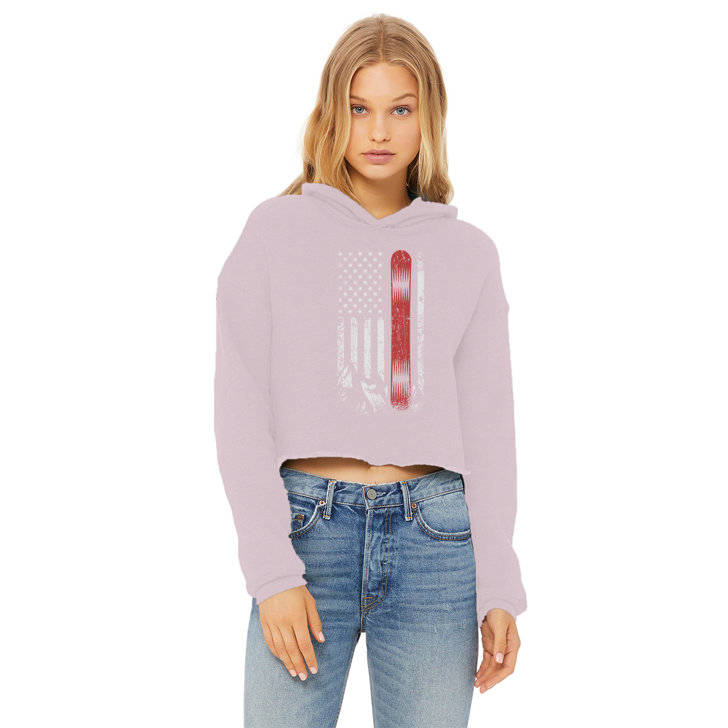 USA Snowboard Flag Thin Red Line Ladies Cropped Raw Edge Hoodie - Powderaddicts