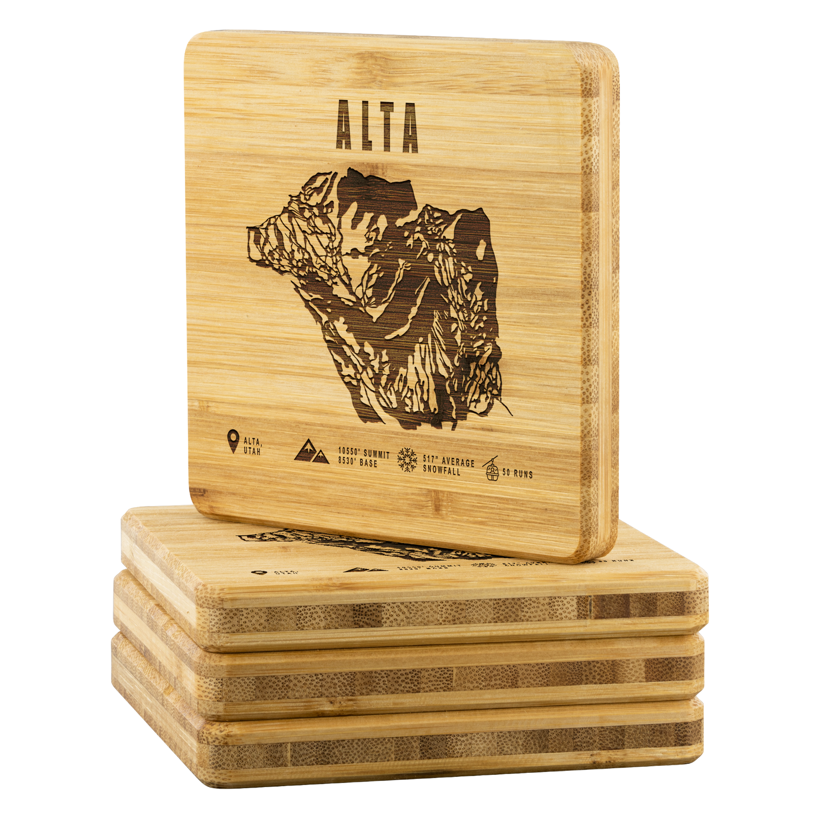 Alta,Utah Ski Trail Map Bamboo Coaster - Powderaddicts