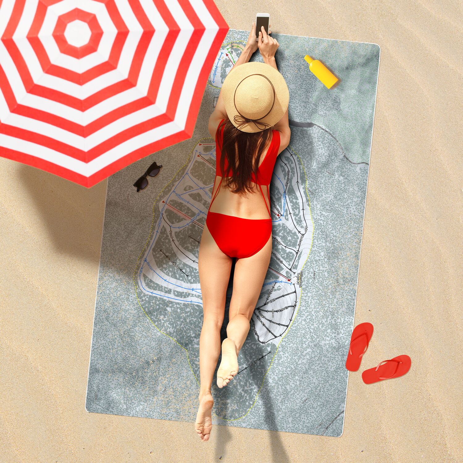 Mt Ashland, Oregon Ski Resort Map Printed Beach Towel - Powderaddicts