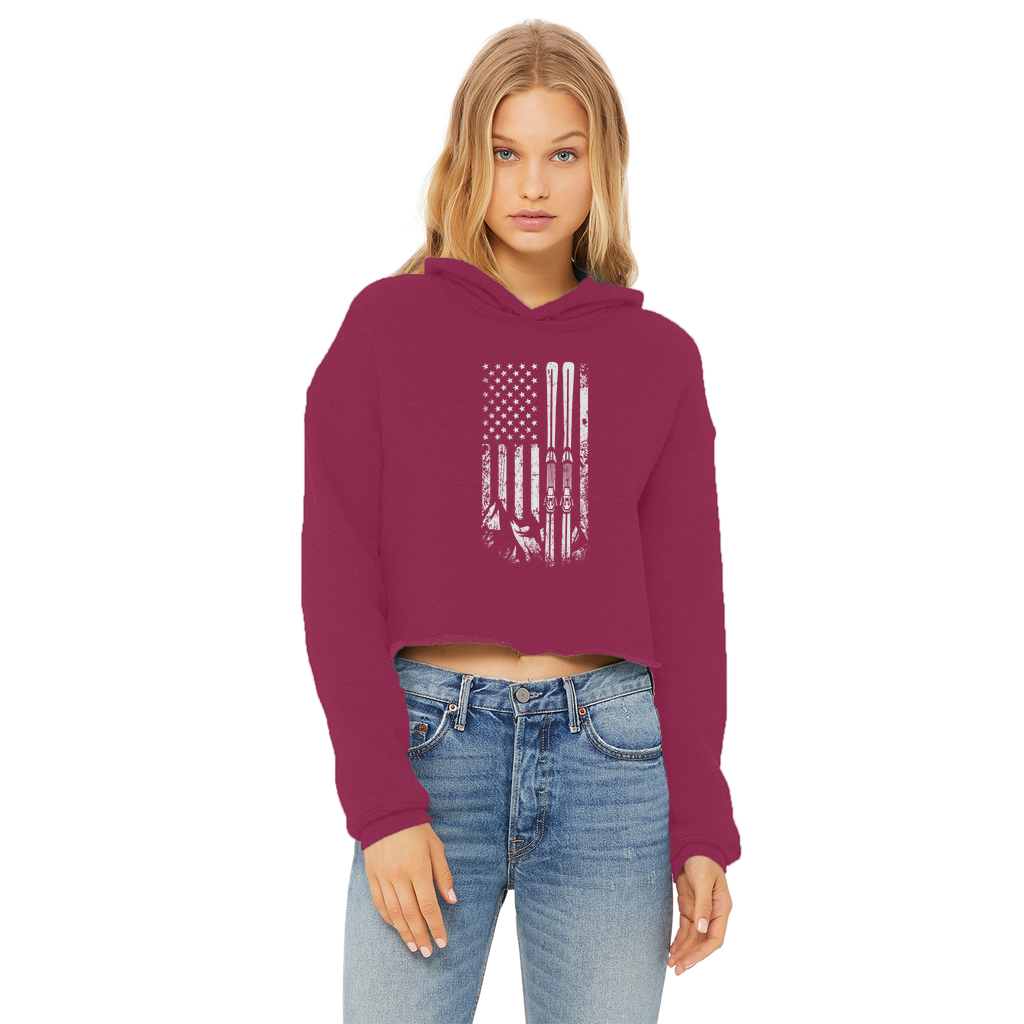 USA Ski Flag Ladies Cropped Raw Edge Hoodie - Powderaddicts