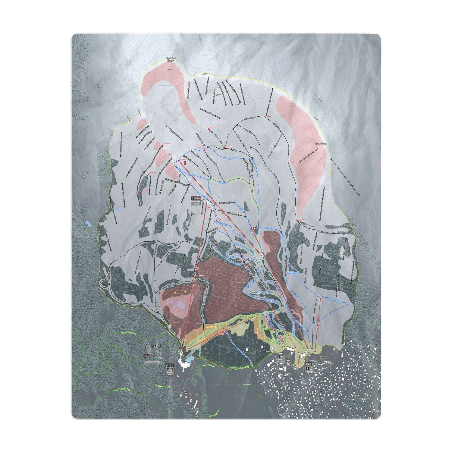Alyeska, Alaska Ski Resort Map Printed Beach Towel - Powderaddicts