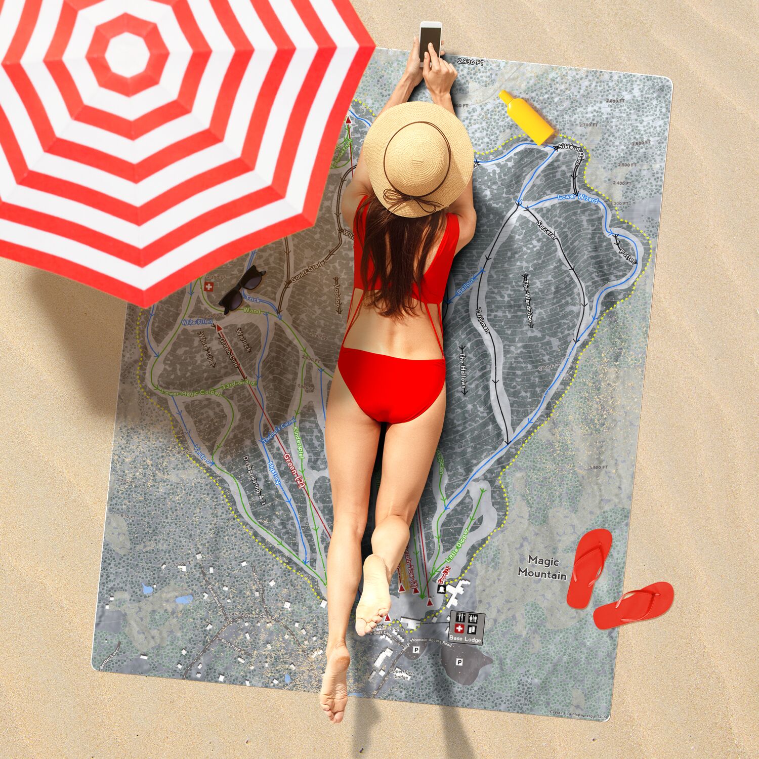 Magic Mountain, Vermont Ski Resort Map Printed Beach Towel - Powderaddicts