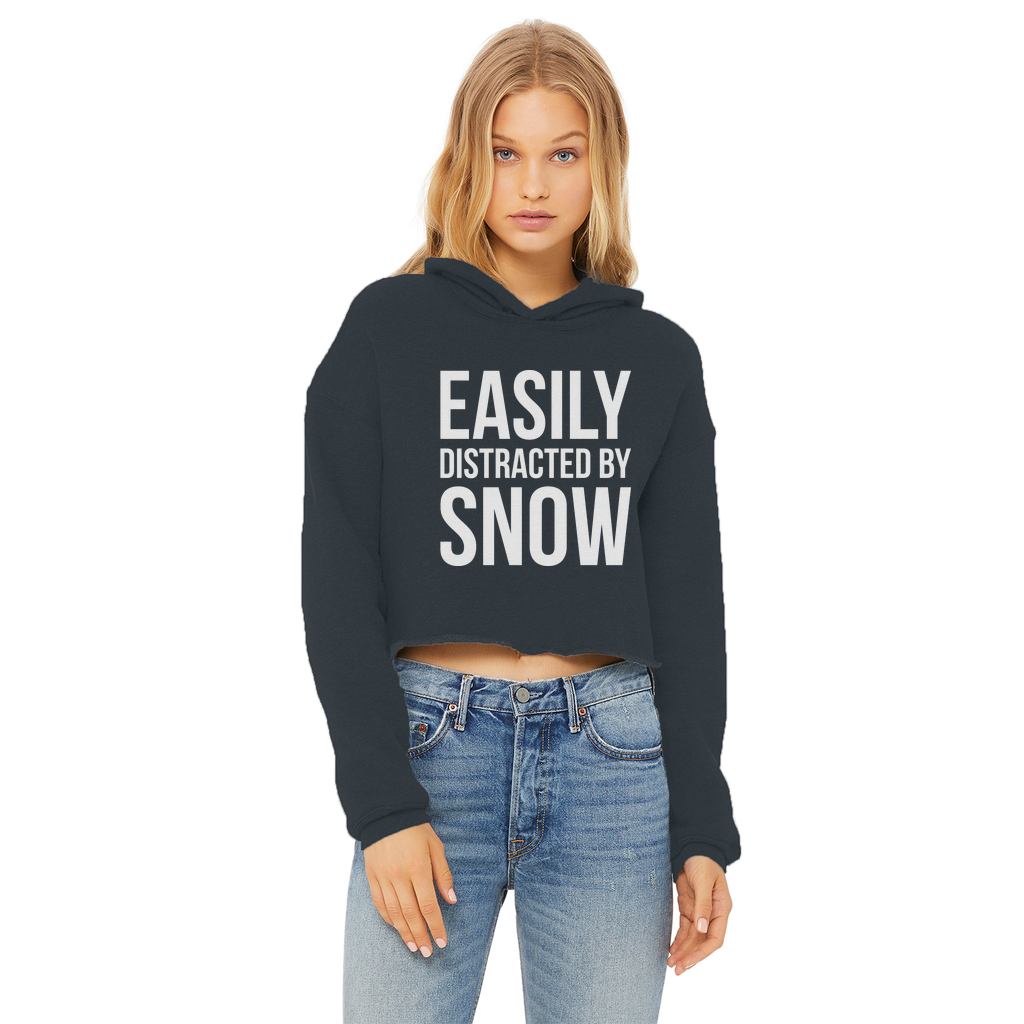 Easily Distracted By Snow Ladies Cropped Raw Edge Hoodie - Powderaddicts