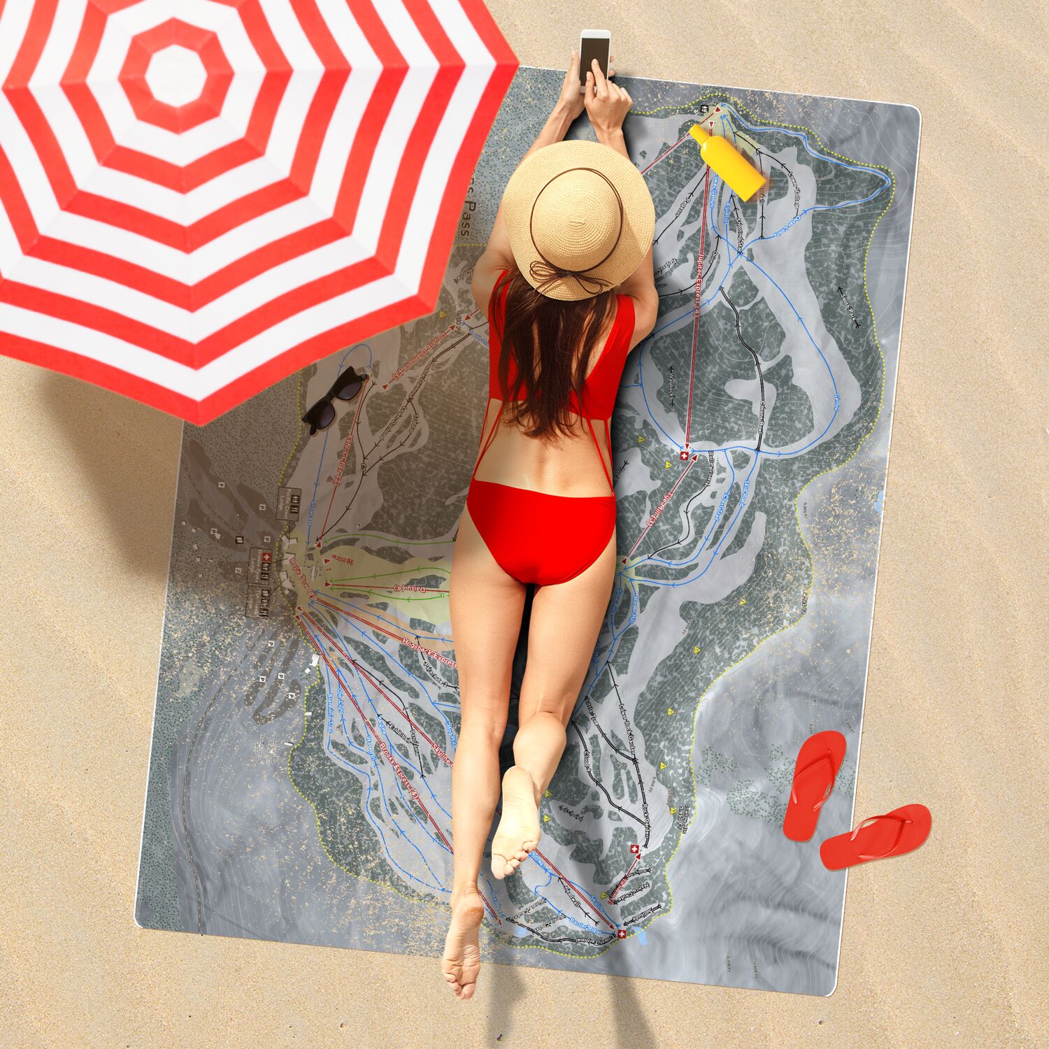 Stevens Pass, Washington Ski Resort Map Printed Beach Towel - Powderaddicts