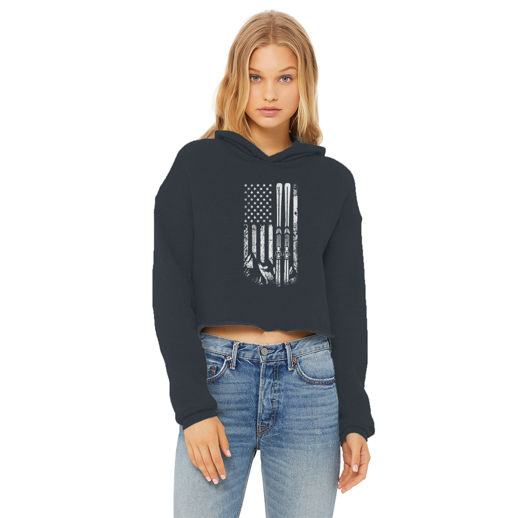 USA Ski Flag Ladies Cropped Raw Edge Hoodie - Powderaddicts