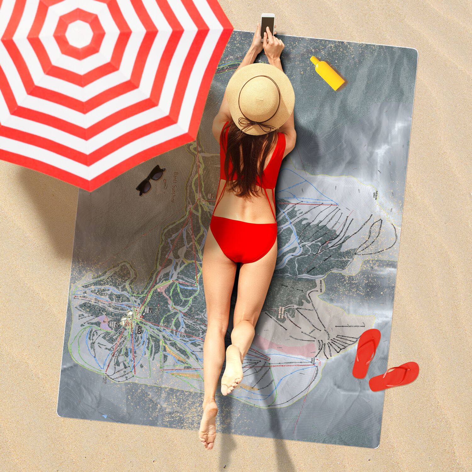 Banff Sunshine, Alberta Ski Resort Map Printed Beach Towel - Powderaddicts