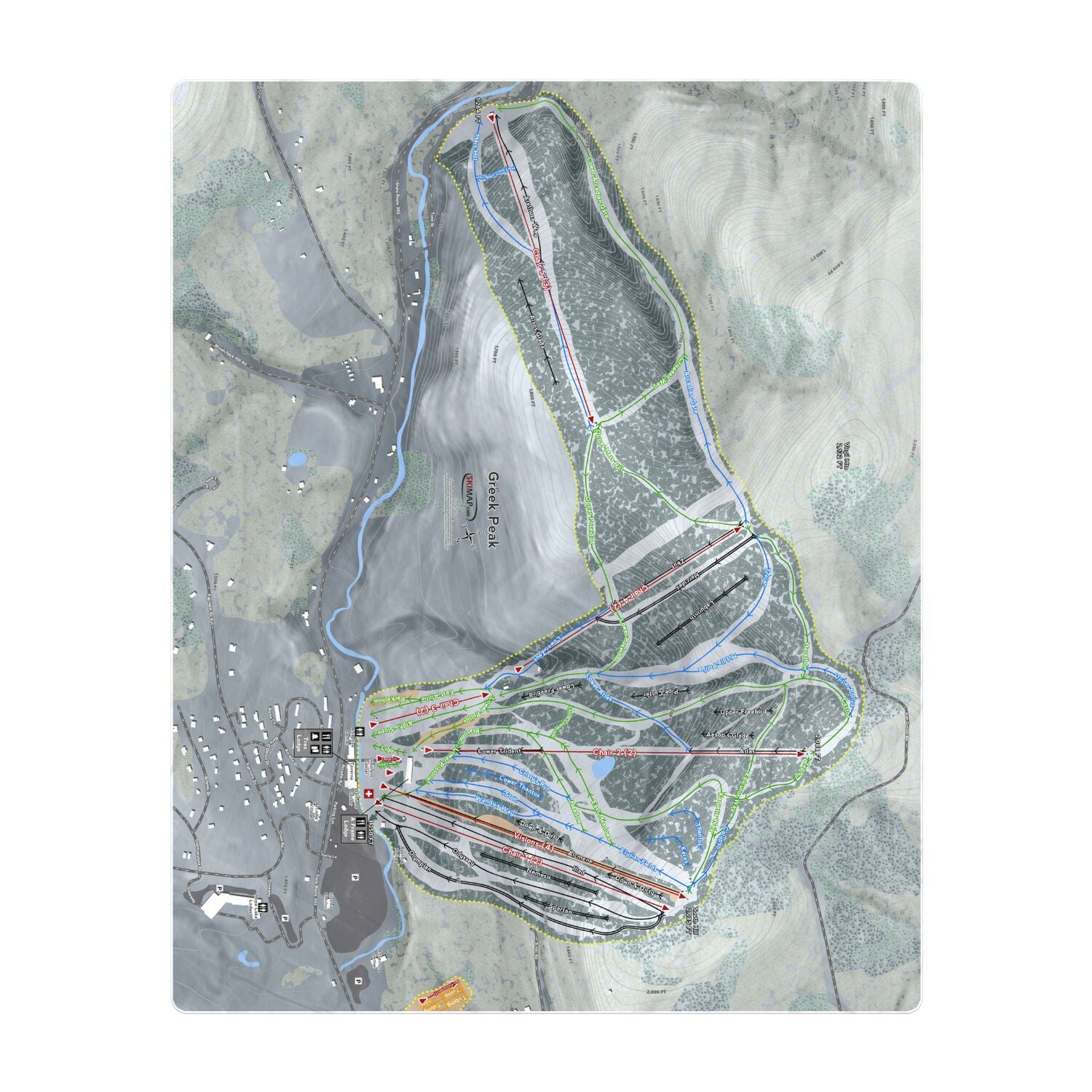 Greek Peak, New York Ski Resort Map Printed Beach Towel - Powderaddicts