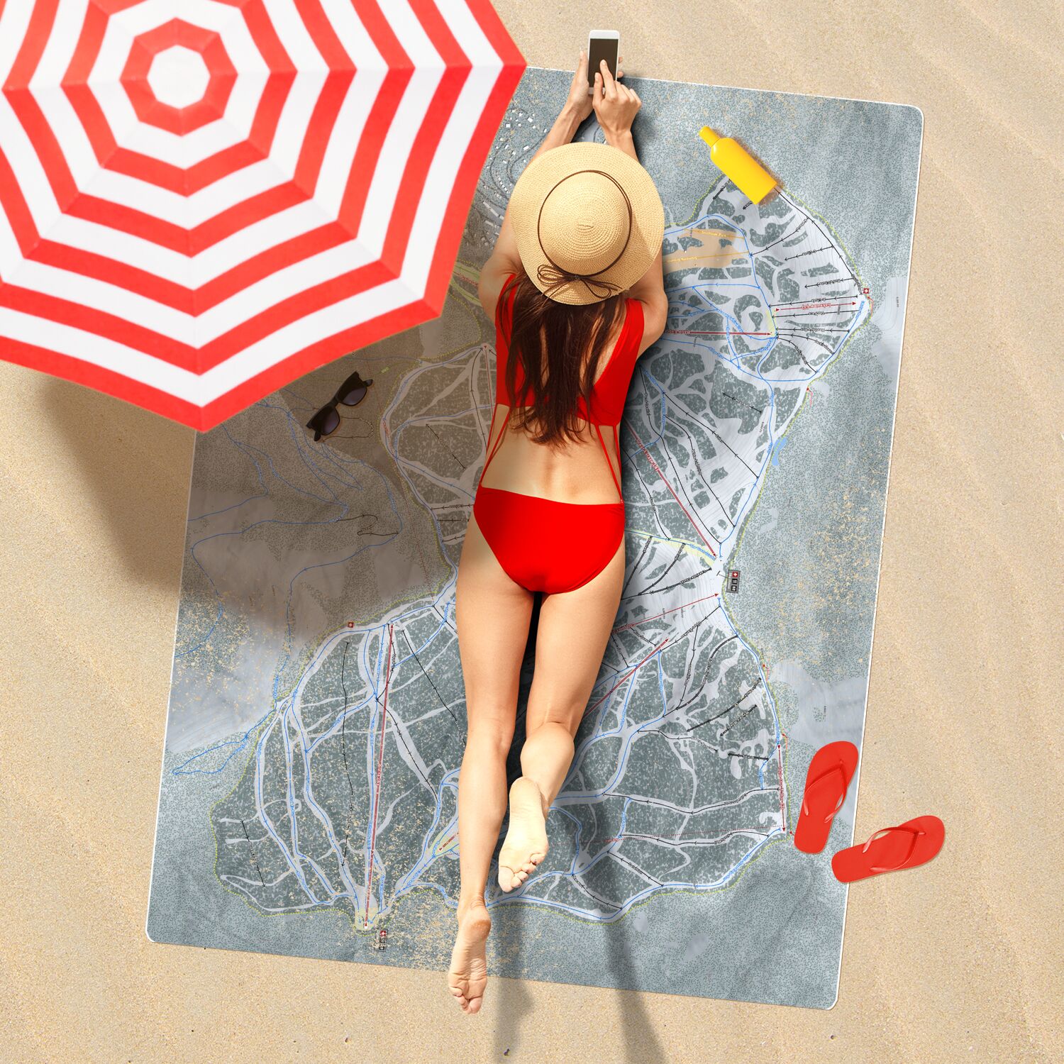 Schweitzer, Idaho Ski Resort Map Printed Beach Towel - Powderaddicts