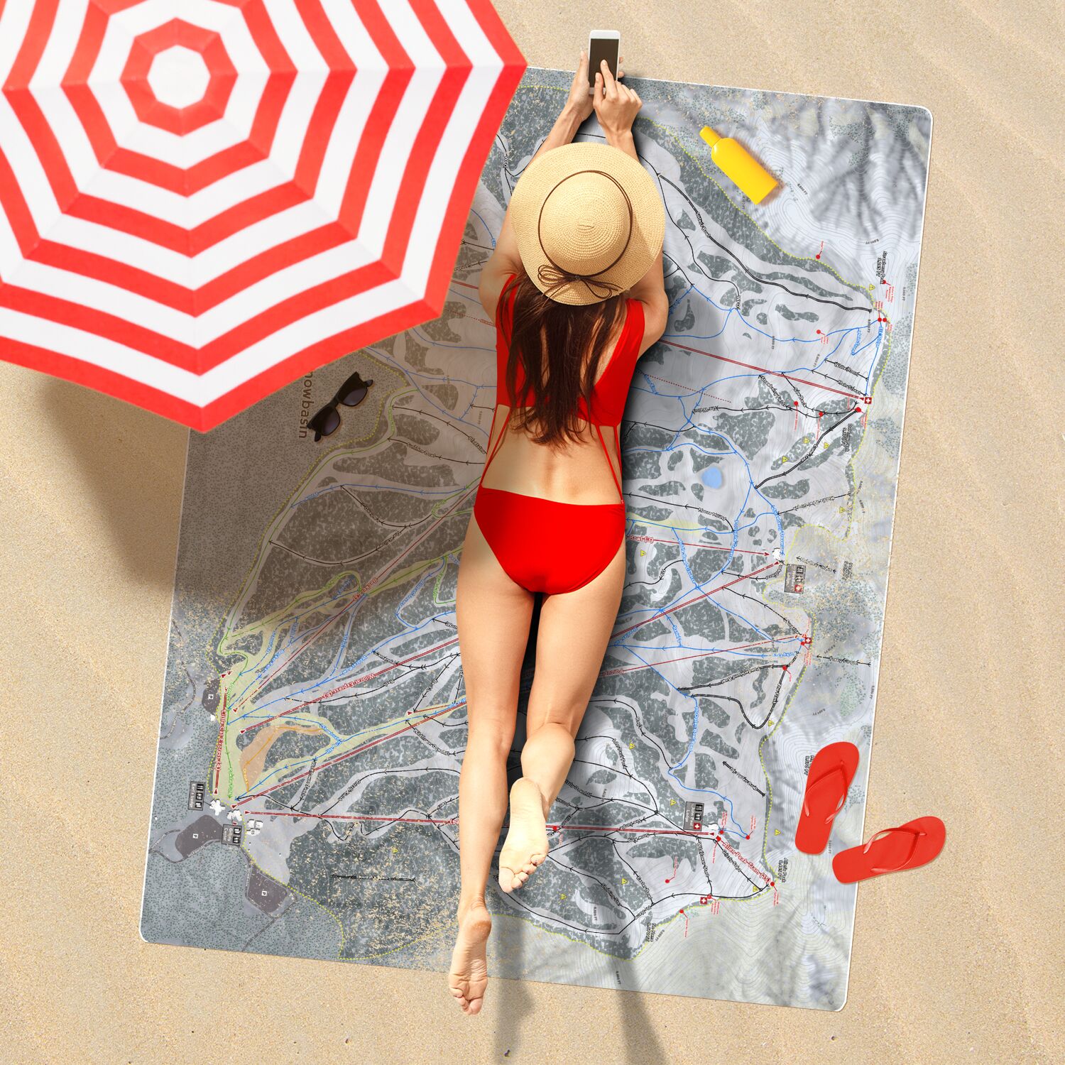 Snowbasin, Utah Ski Resort Map Printed Beach Towel - Powderaddicts