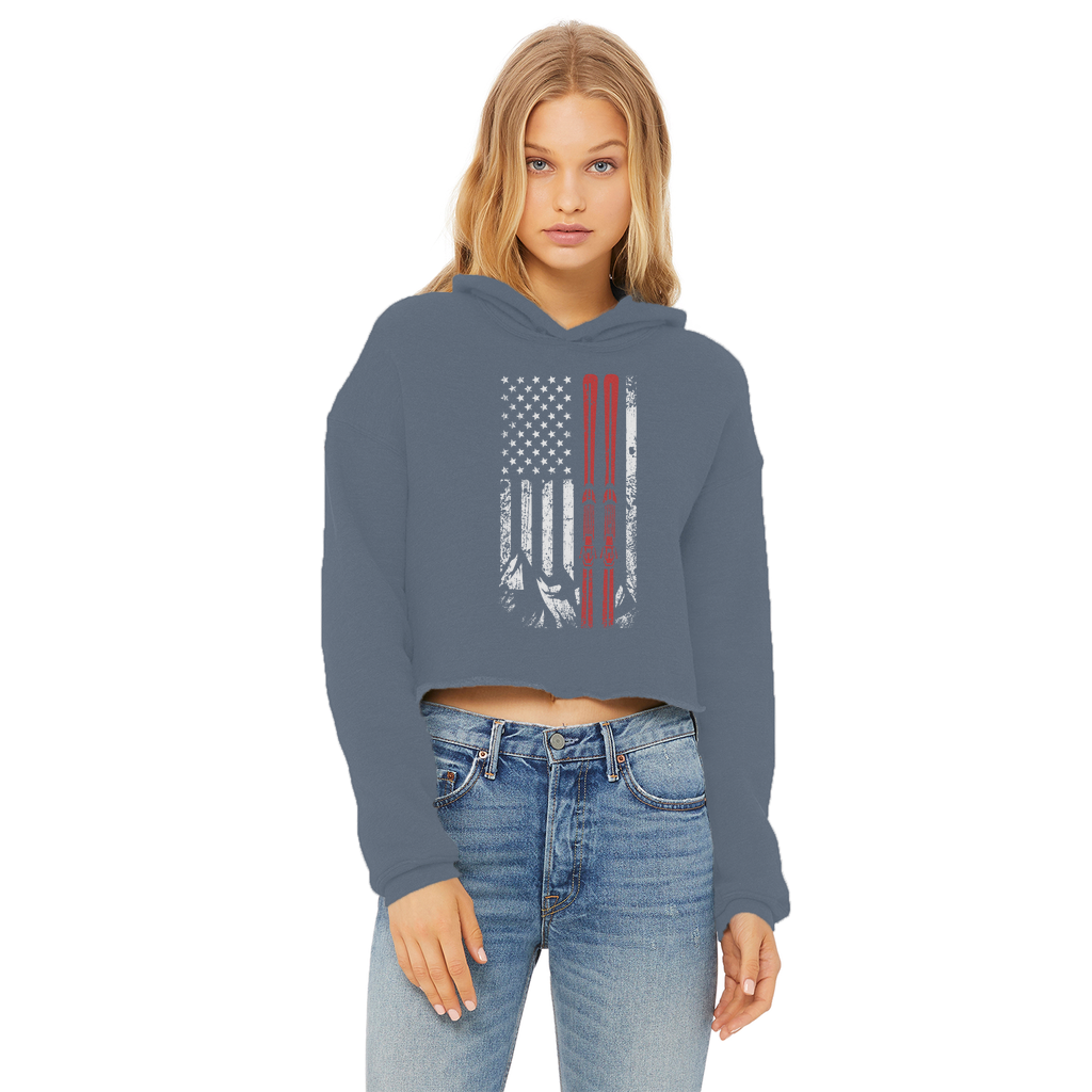 USA Flag - Ski - Thin Red Line Ladies Cropped Raw Edge Hoodie - Powderaddicts