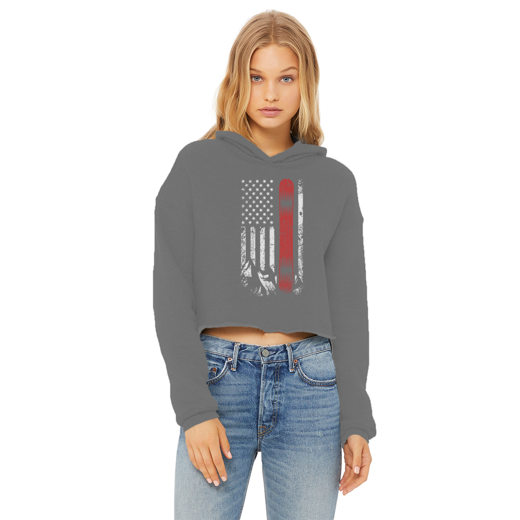 USA Snowboard Flag Thin Red Line Ladies Cropped Raw Edge Hoodie - Powderaddicts