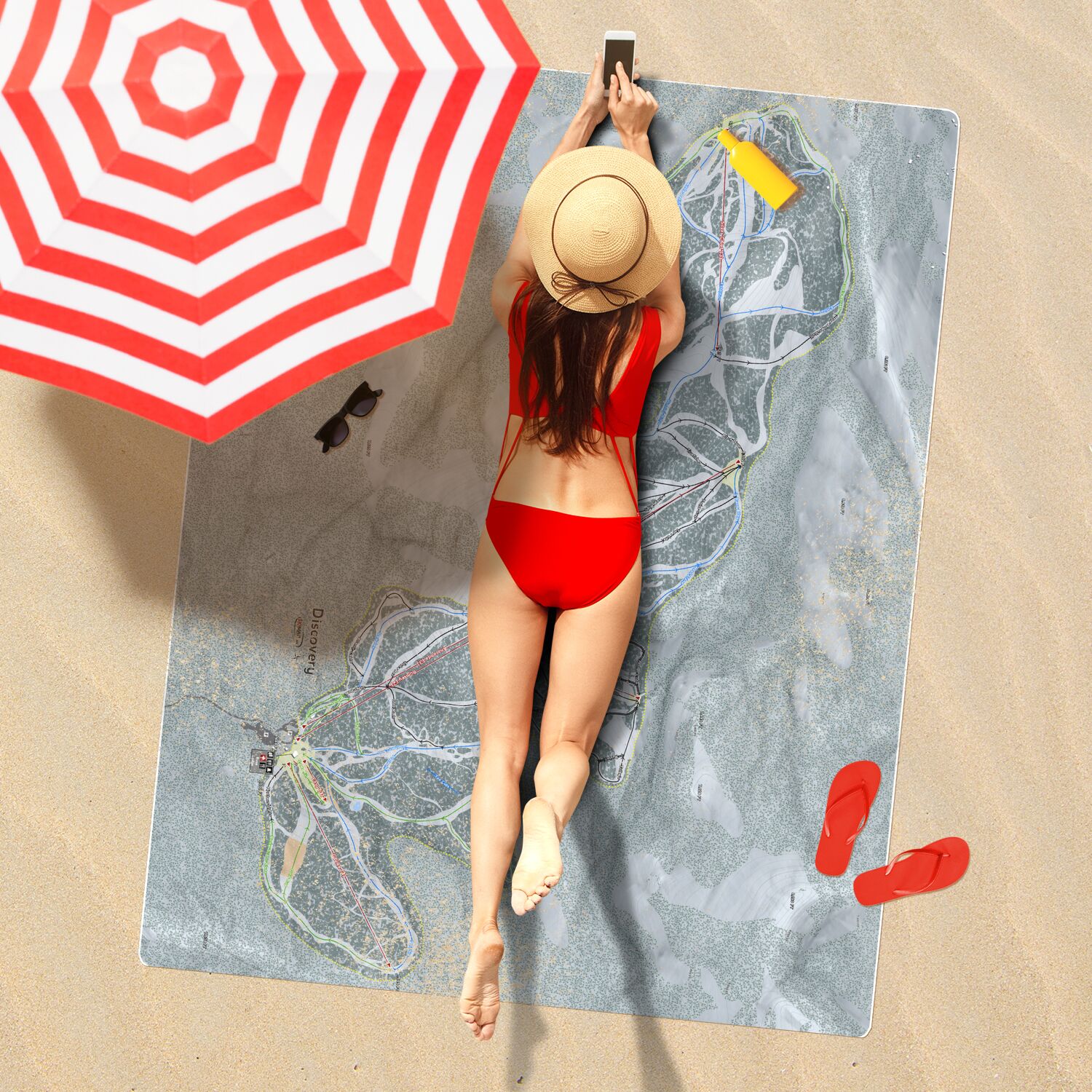 Discovery, Montana Ski Resort Map Printed Beach Towel - Powderaddicts