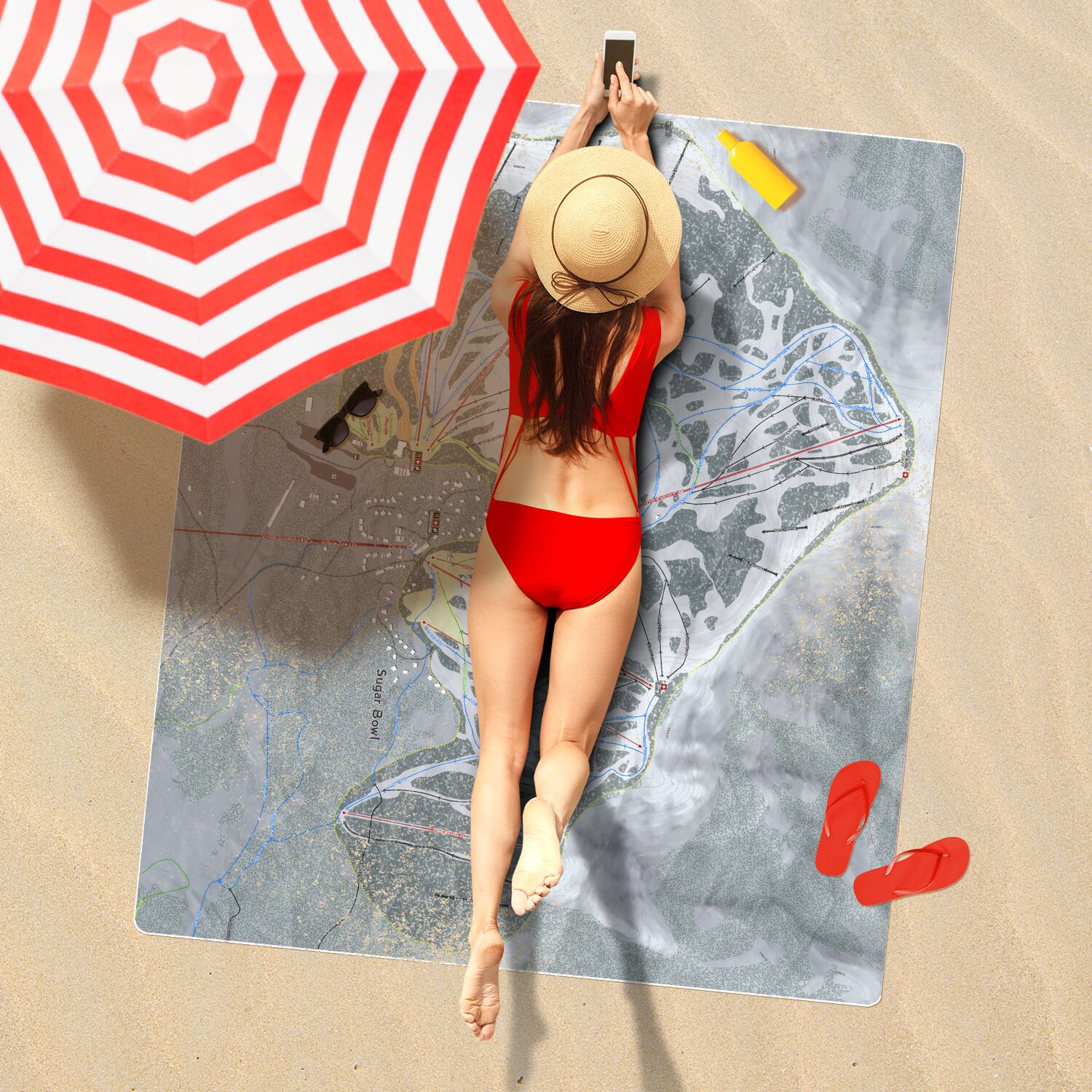 Sugar Bowl, California Ski Resort Map Printed Beach Towel - Powderaddicts