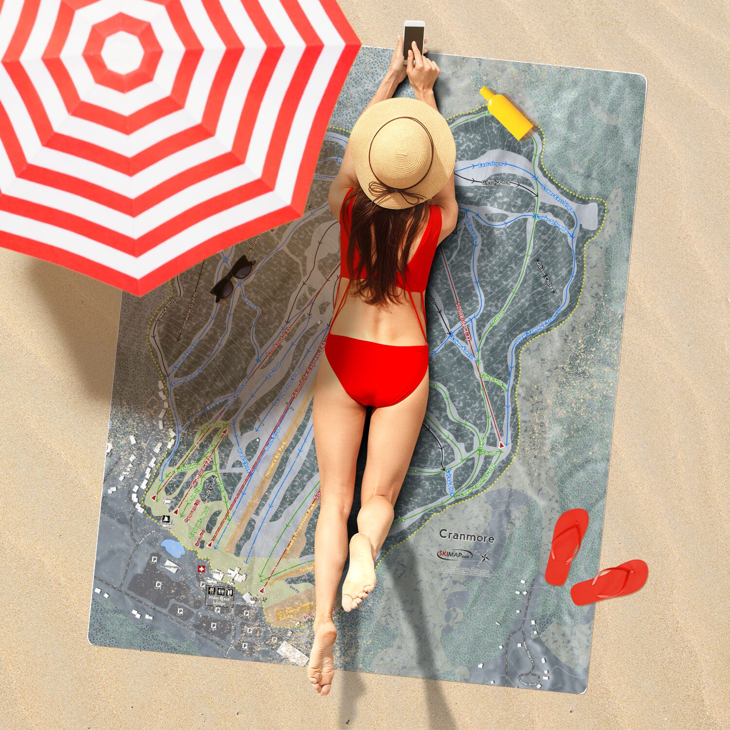 Cranmore Mountain, New Hampshire Ski Resort Map Printed Beach Towel - Powderaddicts