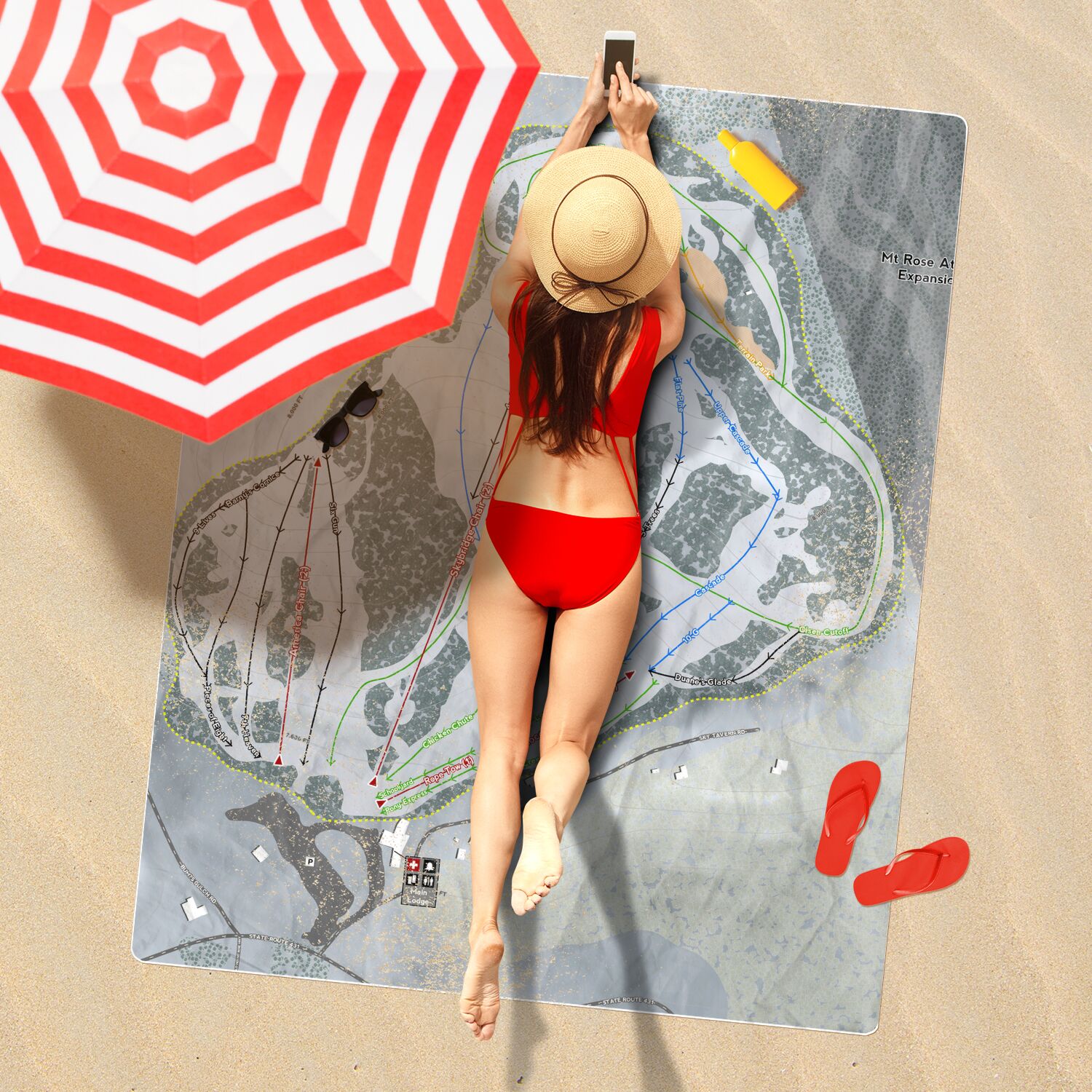 Sky Tavern, Nevada Ski Resort Map Printed Beach Towel - Powderaddicts