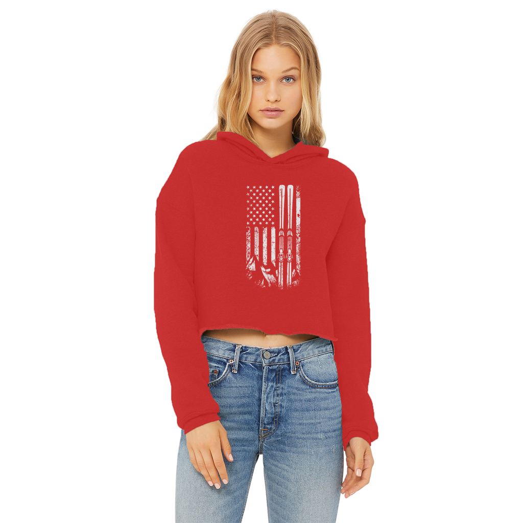 USA Ski Flag Ladies Cropped Raw Edge Hoodie - Powderaddicts