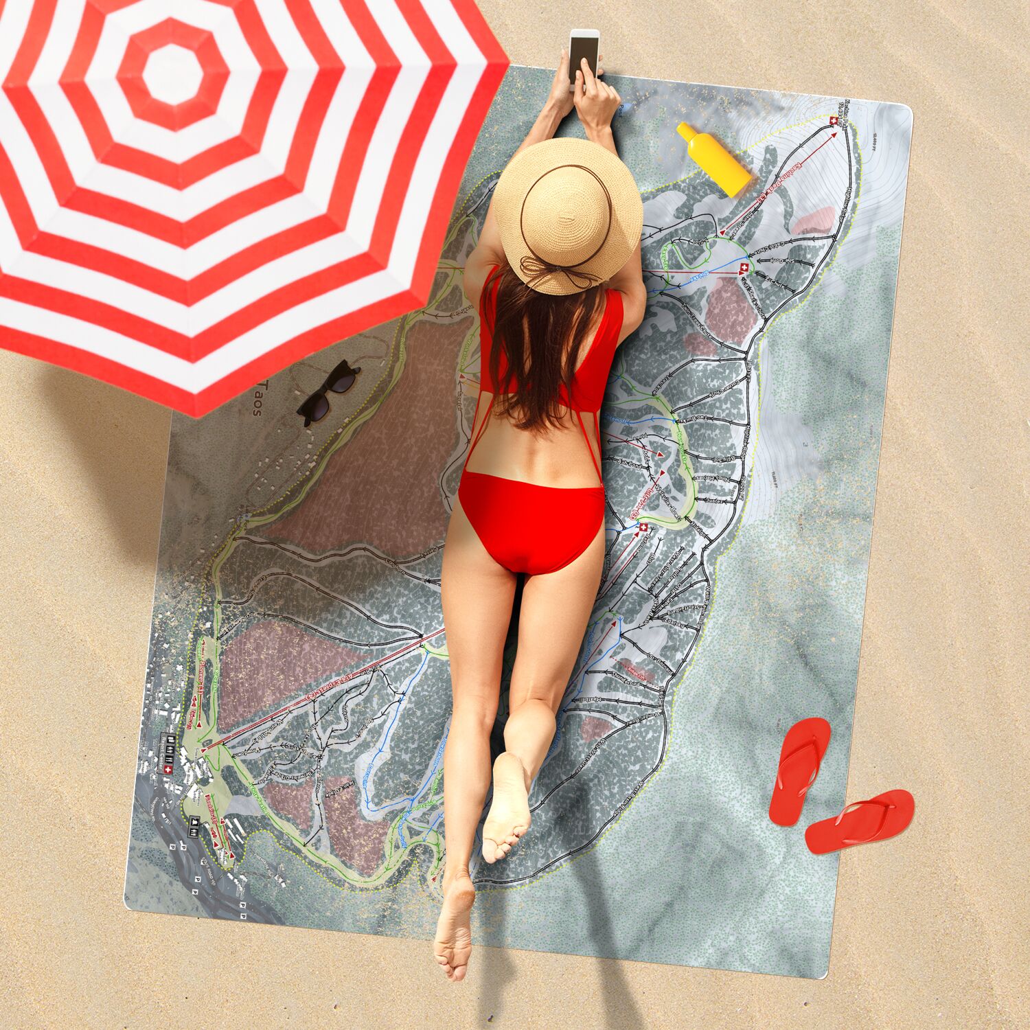 Taos, New Mexico Ski Resort Map Printed Beach Towel - Powderaddicts