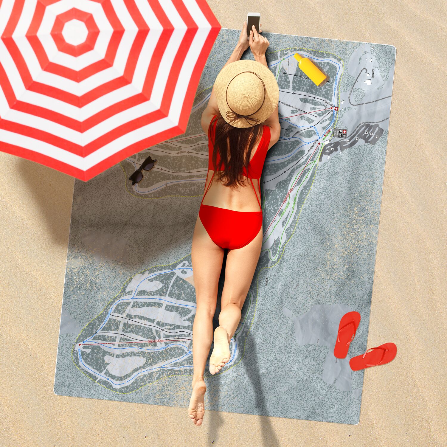 Blacktail, Montana Ski Resort Map Printed Beach Towel - Powderaddicts