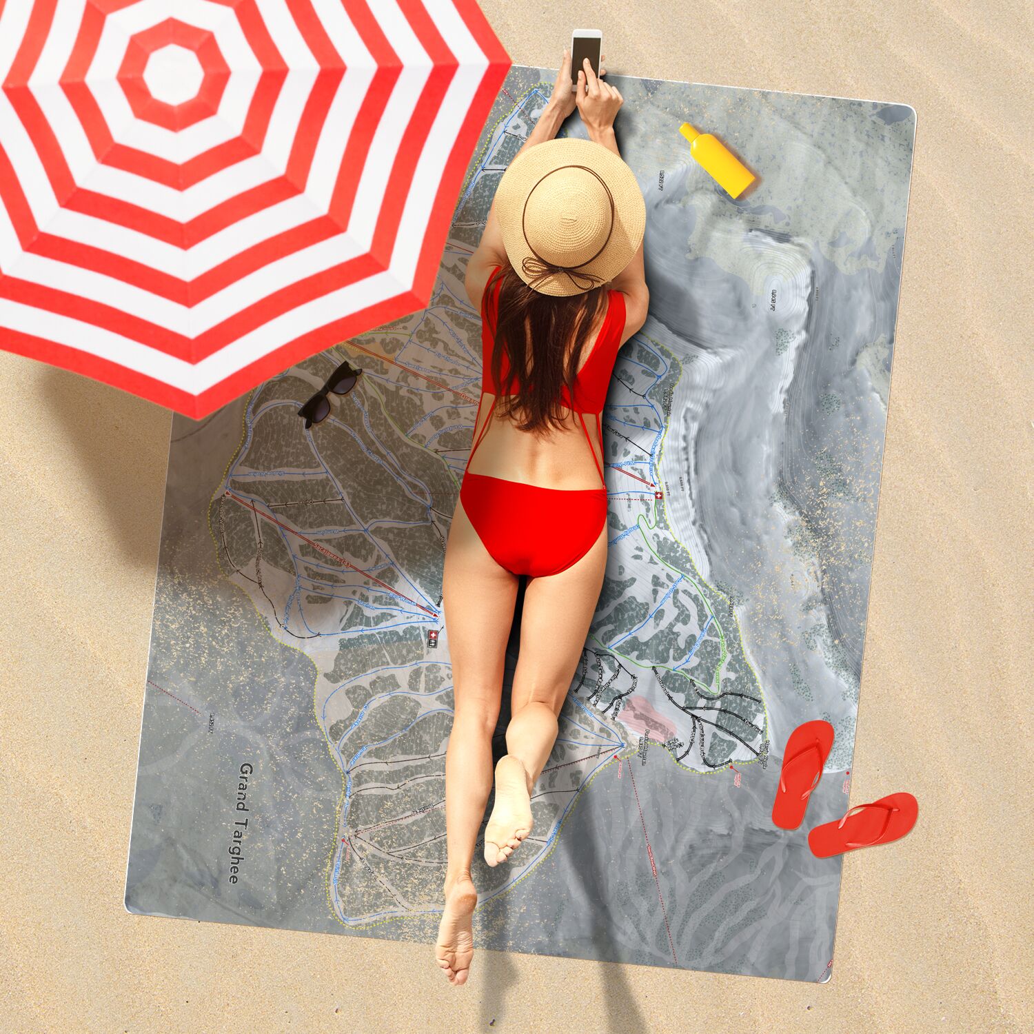 Grand Targhee, Wyoming Ski Resort Map Printed Beach Towel - Powderaddicts