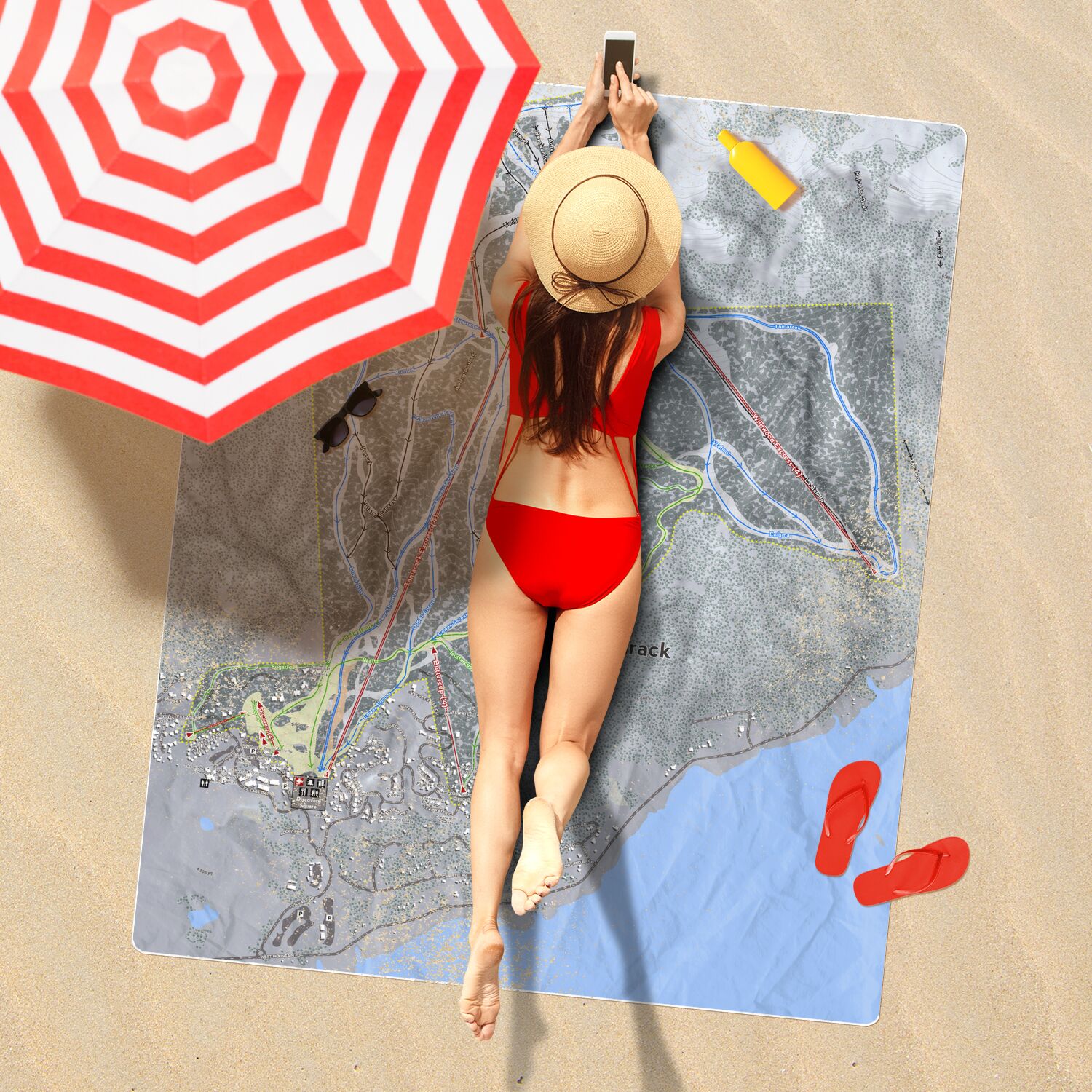 Tamarack, Idaho Ski Resort Map Printed Beach Towel - Powderaddicts