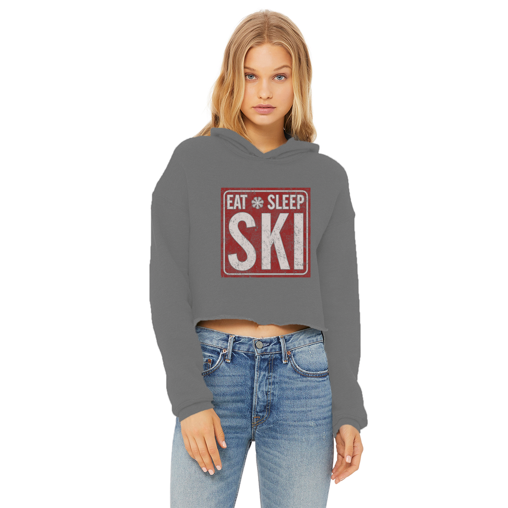 Eat Sleep Ski Ladies Cropped Raw Edge Hoodie - Powderaddicts