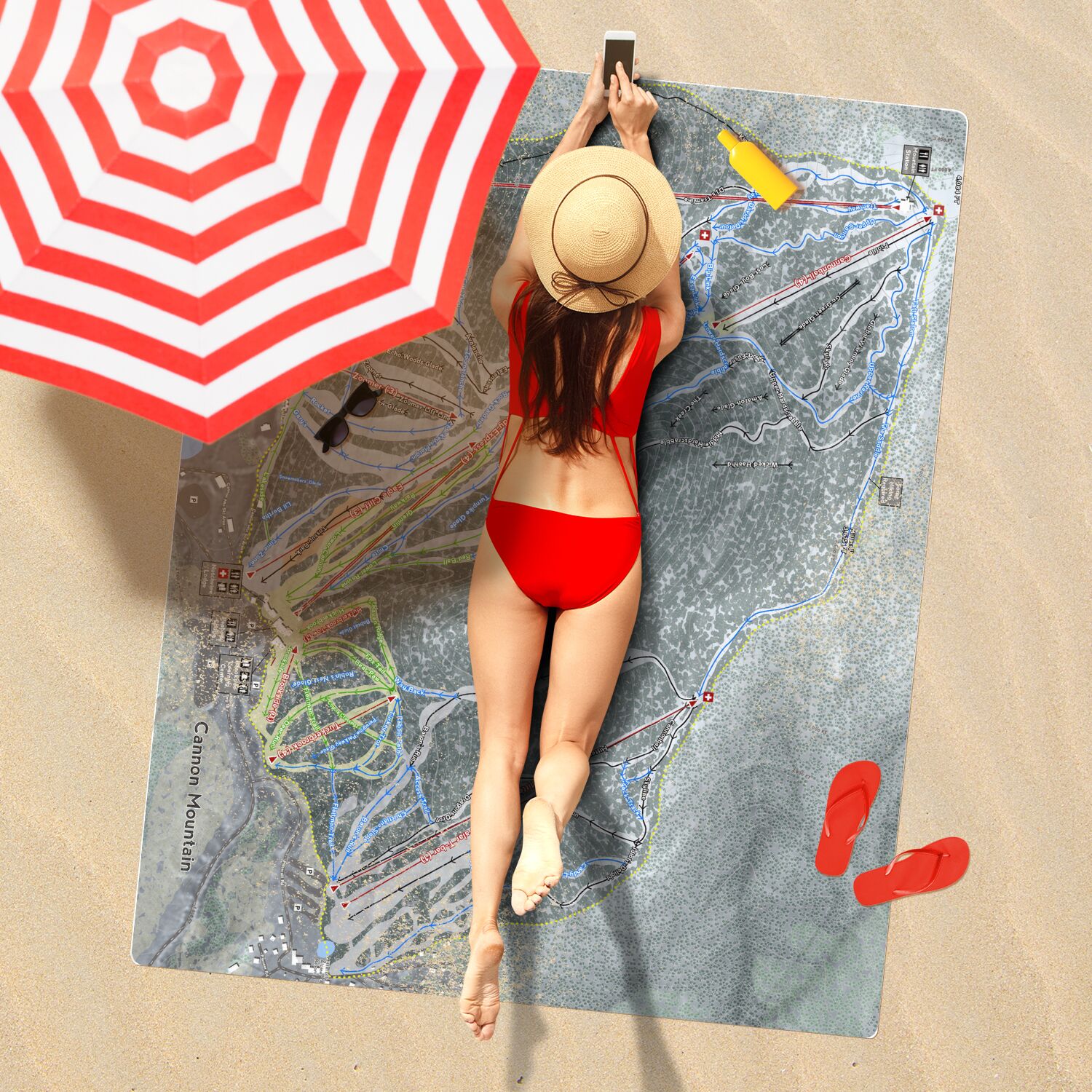 Cannon Mountain, New Hampshire Ski Resort Map Printed Beach Towel - Powderaddicts