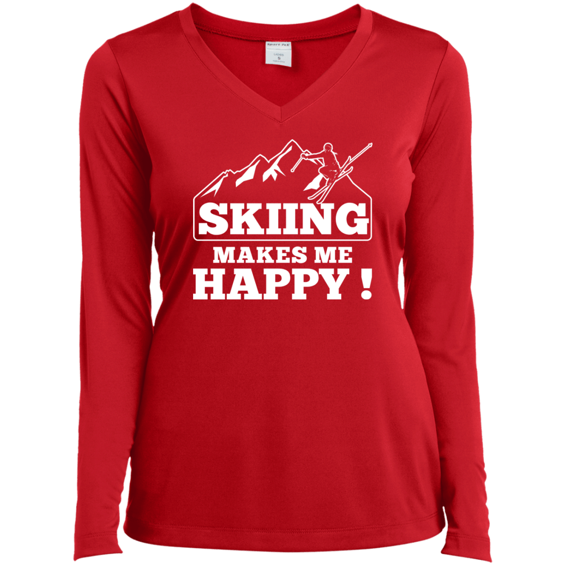 Skiing Makes Me Happy White Sport-Tek Ladies' LS Performance V-Neck T-Shirt - Powderaddicts