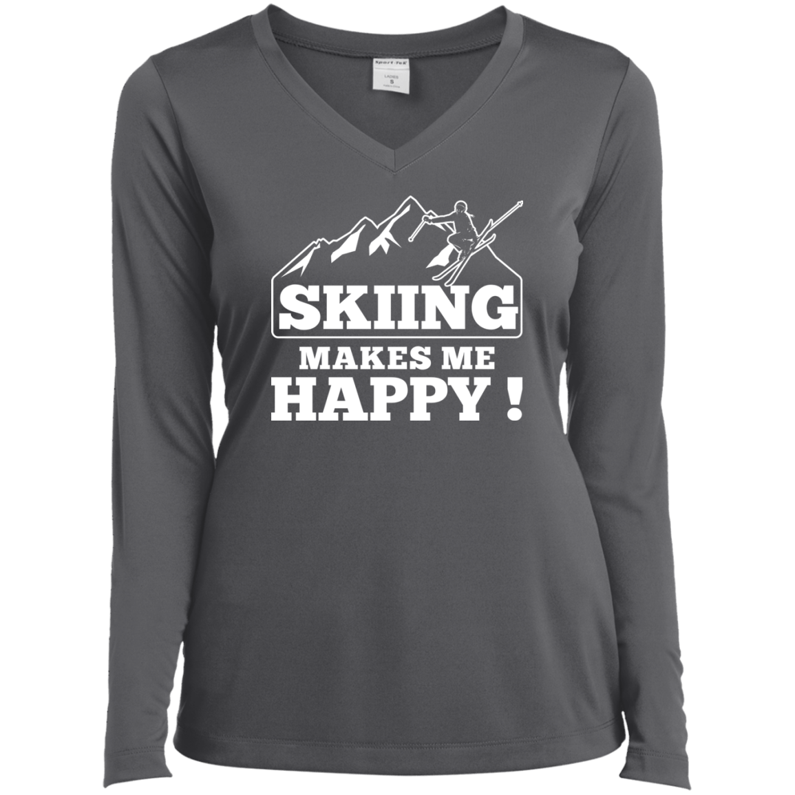 Skiing Makes Me Happy White Sport-Tek Ladies' LS Performance V-Neck T-Shirt - Powderaddicts