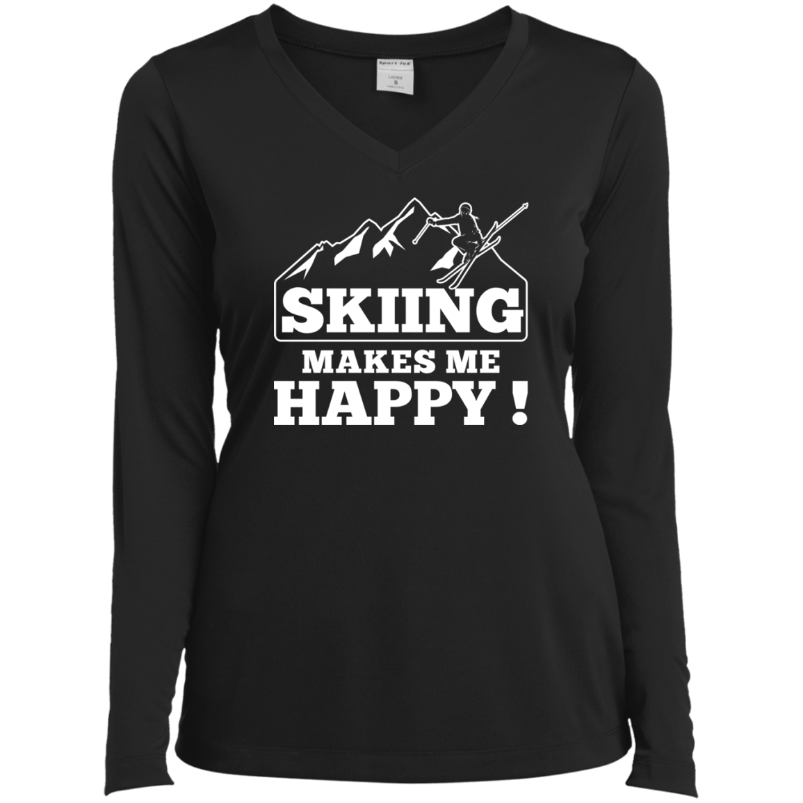 Skiing Makes Me Happy White Sport-Tek Ladies' LS Performance V-Neck T-Shirt - Powderaddicts