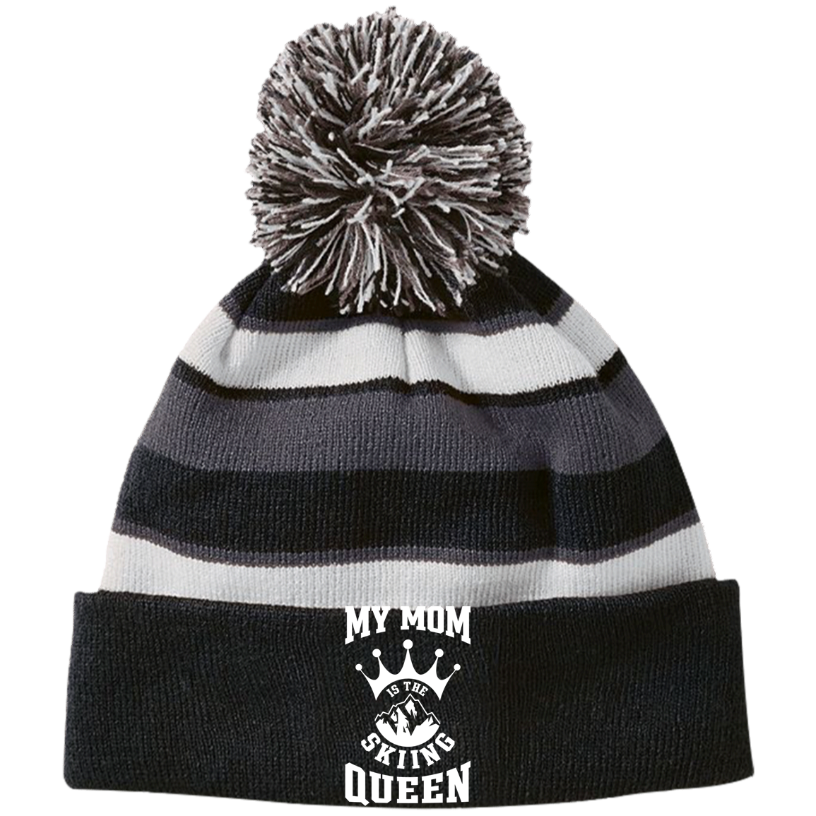 My Mom is The Skiing Queen Striped Beanie - Powderaddicts