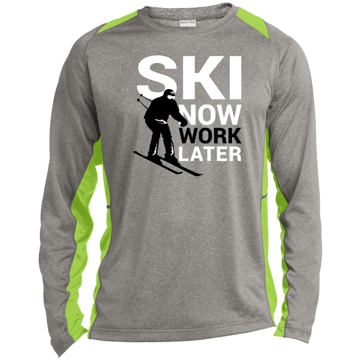 Ski Now Work Later Sport-Tek LS Heather Colorblock Poly T-Shirt - Powderaddicts