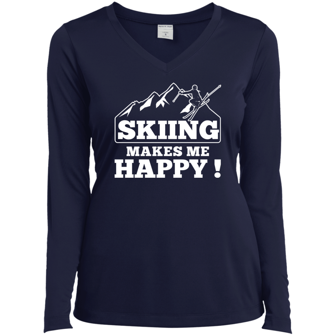 Skiing Makes Me Happy White Sport-Tek Ladies' LS Performance V-Neck T-Shirt - Powderaddicts
