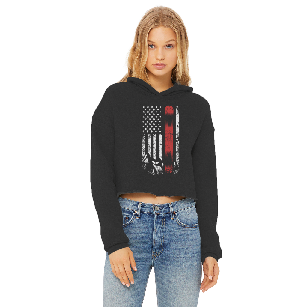 USA Snowboard Flag Thin Red Line Ladies Cropped Raw Edge Hoodie - Powderaddicts