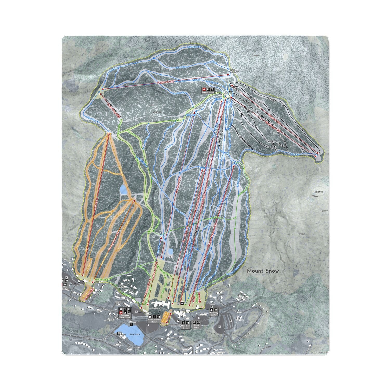Mount Snow, Vermont Ski Resort Map Printed Beach Towel - Powderaddicts