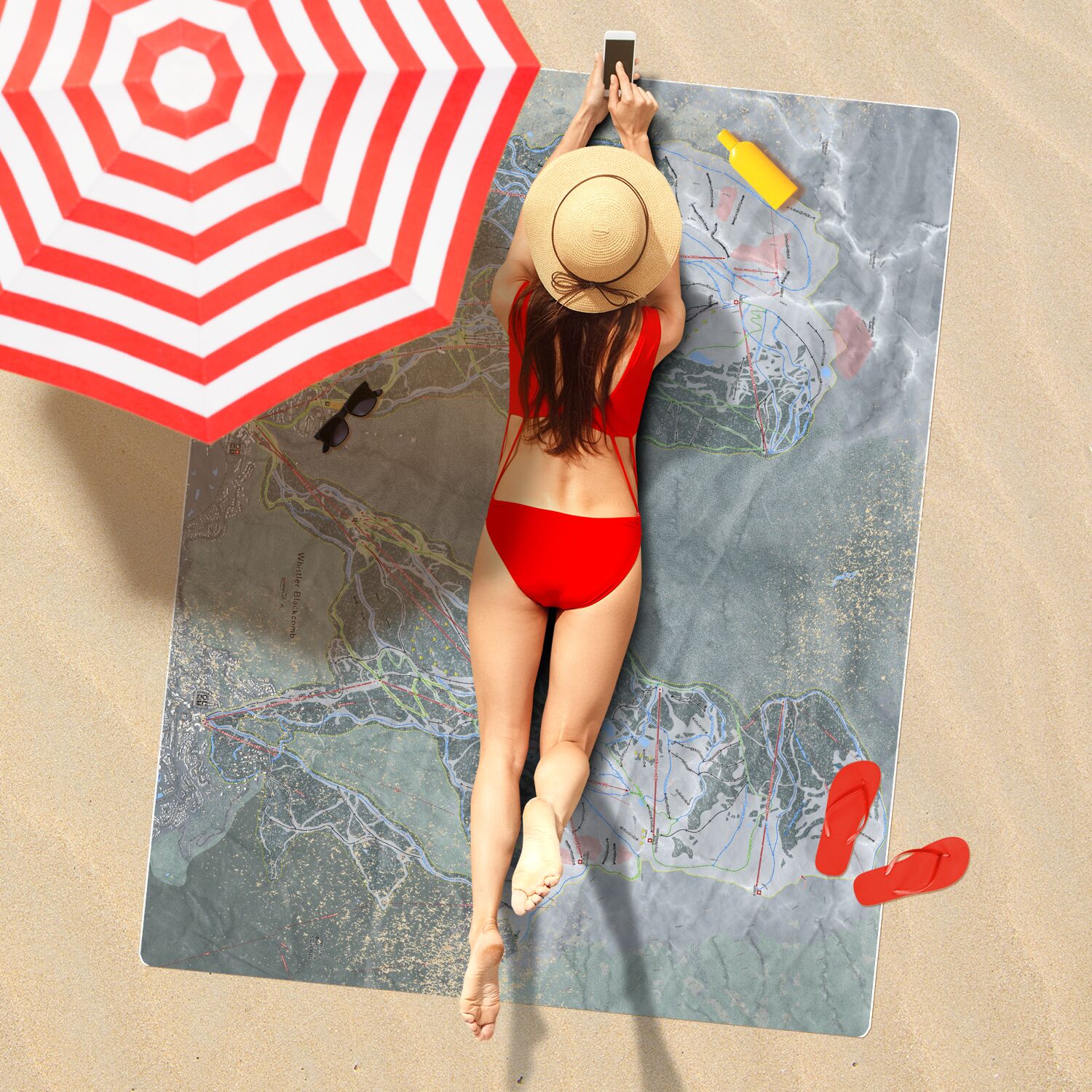 Whistler Blackcomb, British Columbia Ski Resort Map Printed Beach Towel - Powderaddicts