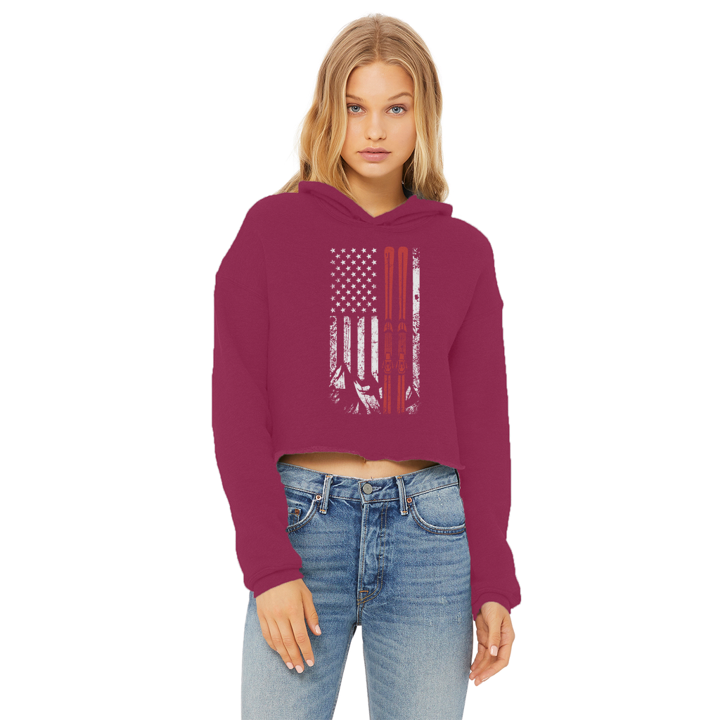 USA Flag - Ski - Thin Red Line Ladies Cropped Raw Edge Hoodie - Powderaddicts