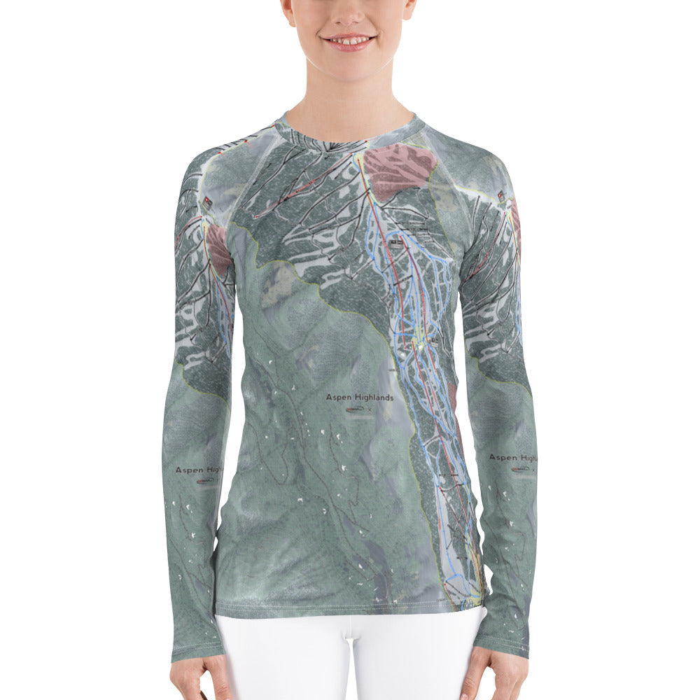 Aspen Highlands, Colorado Ski Trail Map Women's Base Layer Top - Powderaddicts