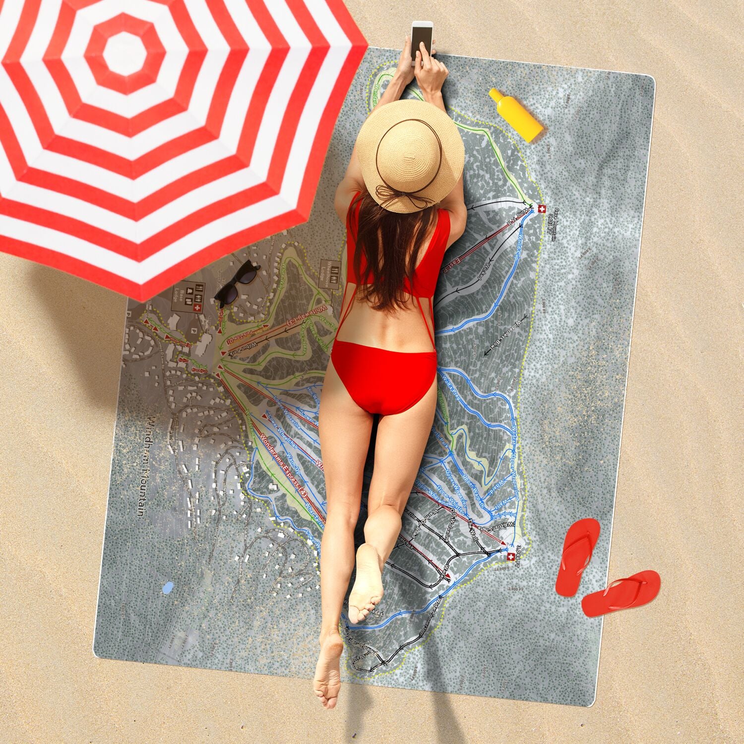 Windham Mountain, New York Ski Resort Map Printed Beach Towel - Powderaddicts