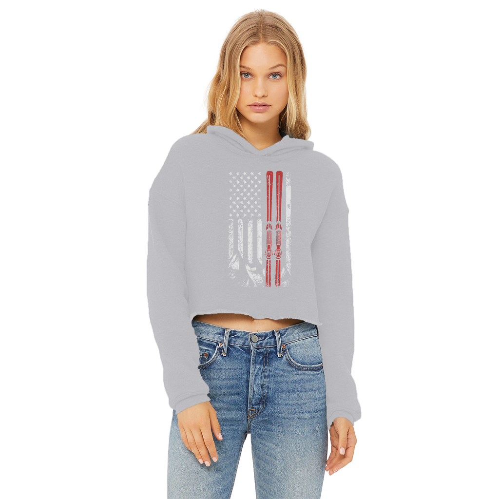 USA Flag - Ski - Thin Red Line Ladies Cropped Raw Edge Hoodie - Powderaddicts
