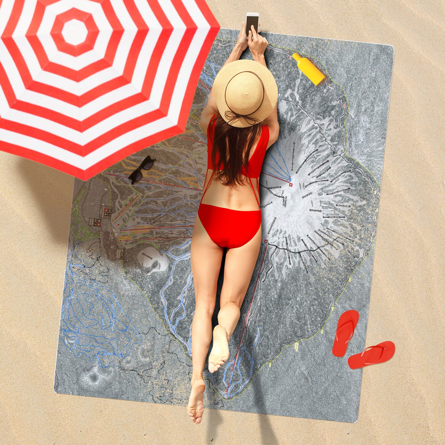 Mt Bachelor, Oregon Ski Resort Map Printed Beach Towel - Powderaddicts