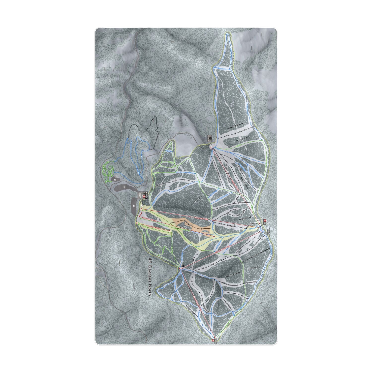 49 Degrees North, Washington Ski Resort Map Printed Beach Towel - Powderaddicts
