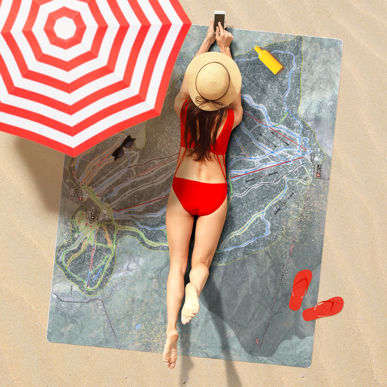 Mount Sunapee, New Hampshire Ski Resort Map Printed Beach Towel - Powderaddicts