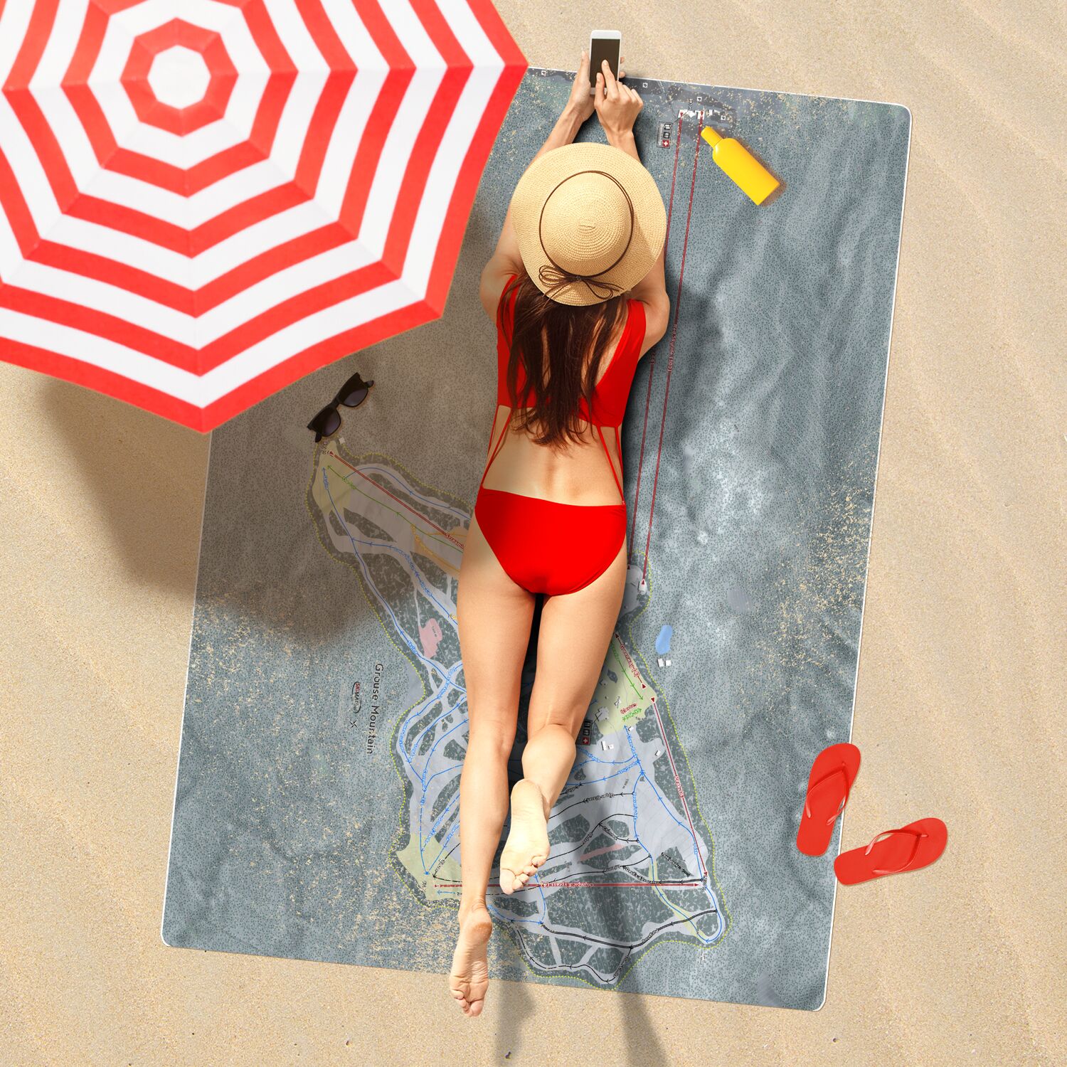 Grouse Mountain, British Columbia Ski Resort Map Printed Beach Towel - Powderaddicts