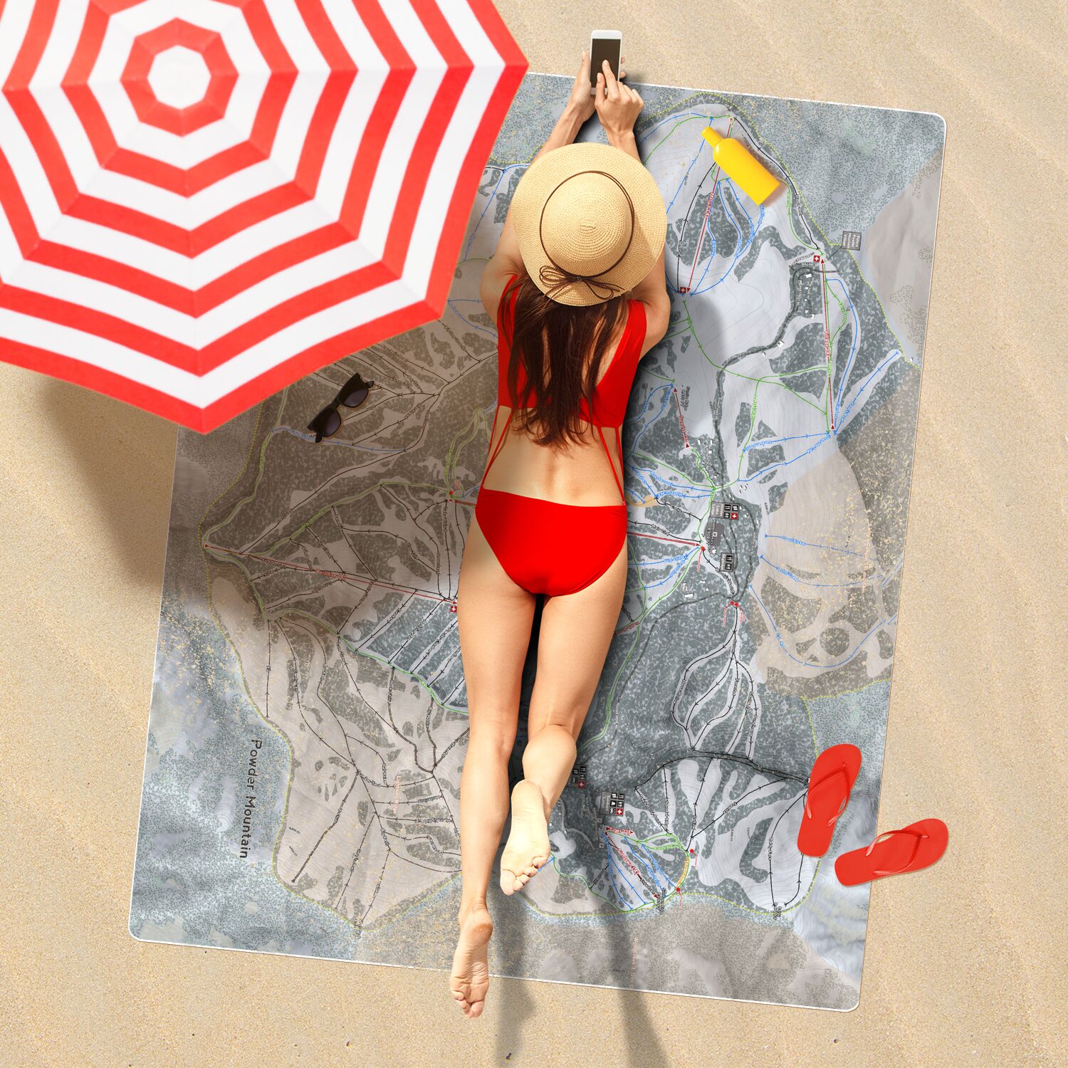 Powder Mountain, Utah Ski Resort Map Printed Beach Towel - Powderaddicts