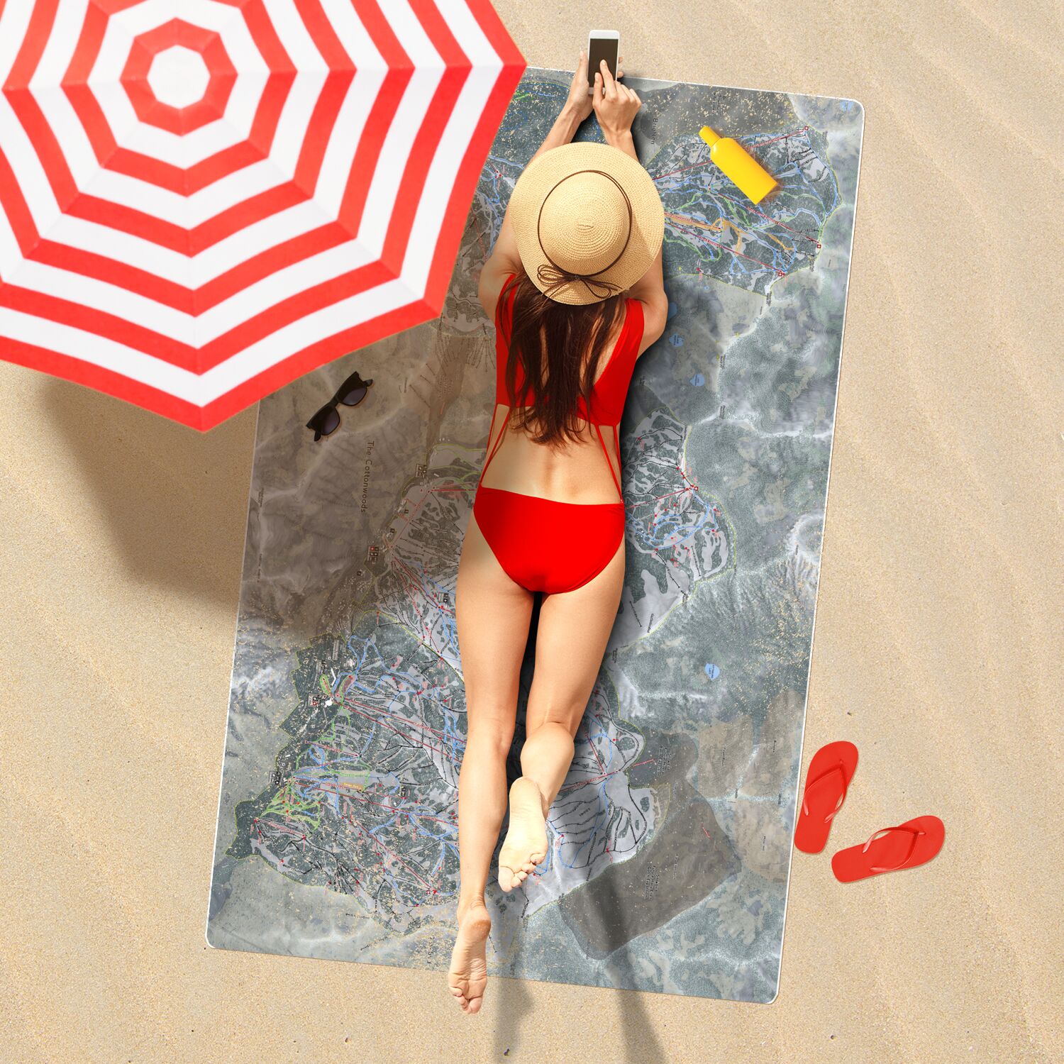 The Cottonwoods, Utah Ski Resort Map Printed Beach Towel - Powderaddicts