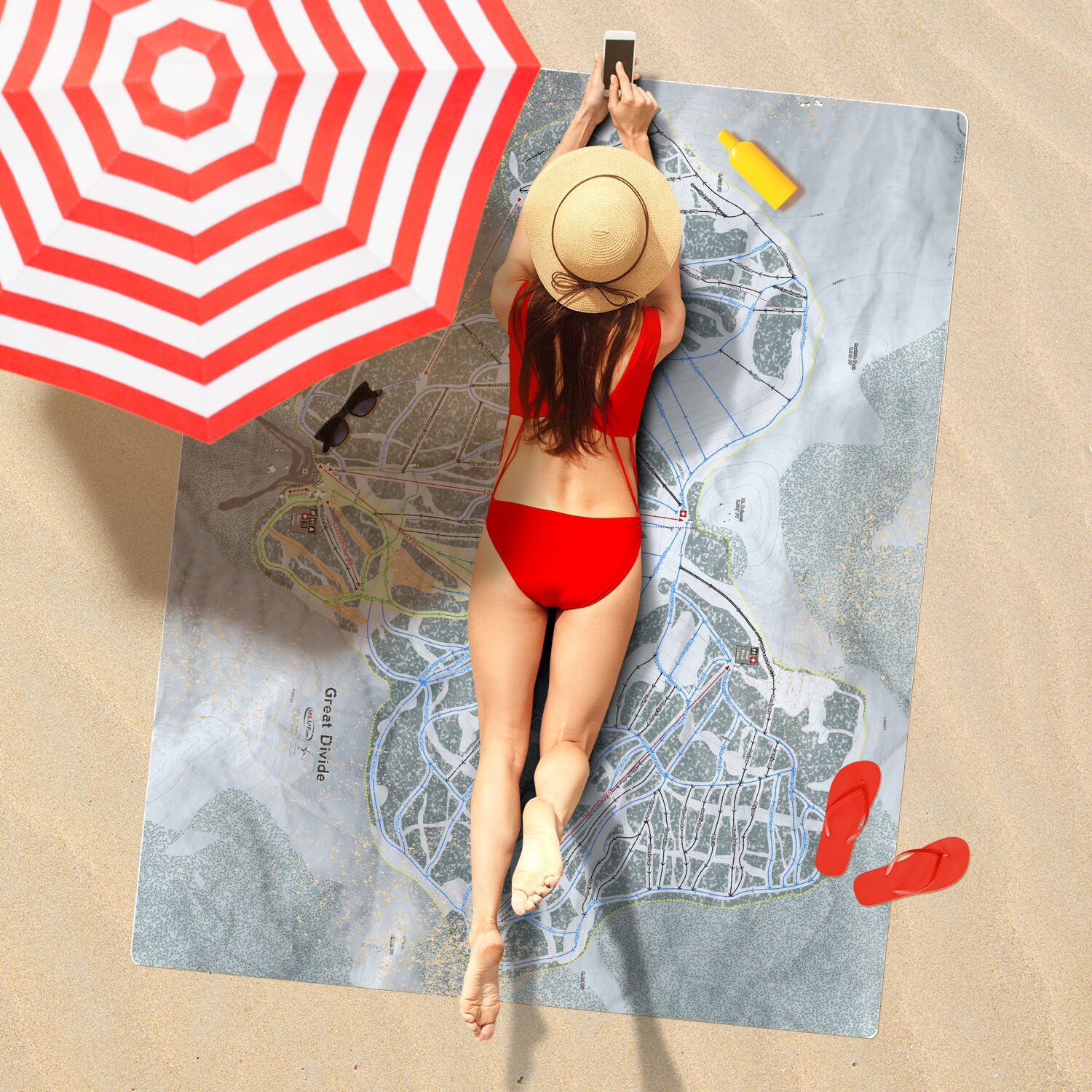 Great Divide, Montana Ski Resort Map Printed Beach Towel - Powderaddicts