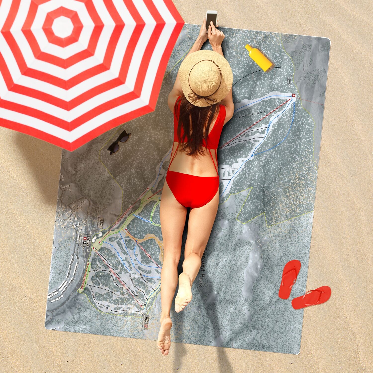 Diamond Peak, Nevada Ski Resort Map Printed Beach Towel - Powderaddicts