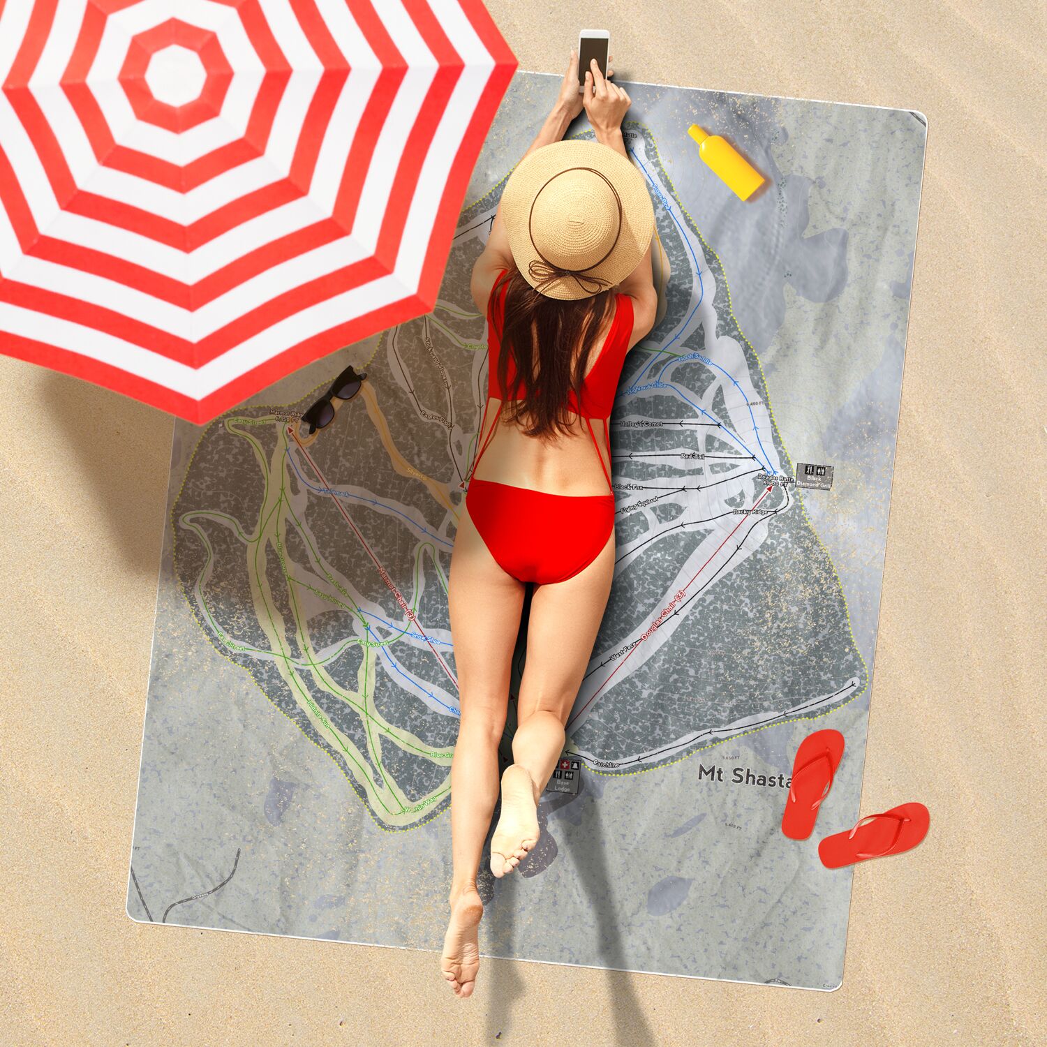 Mt Shasta, California Ski Resort Map Printed Beach Towel - Powderaddicts